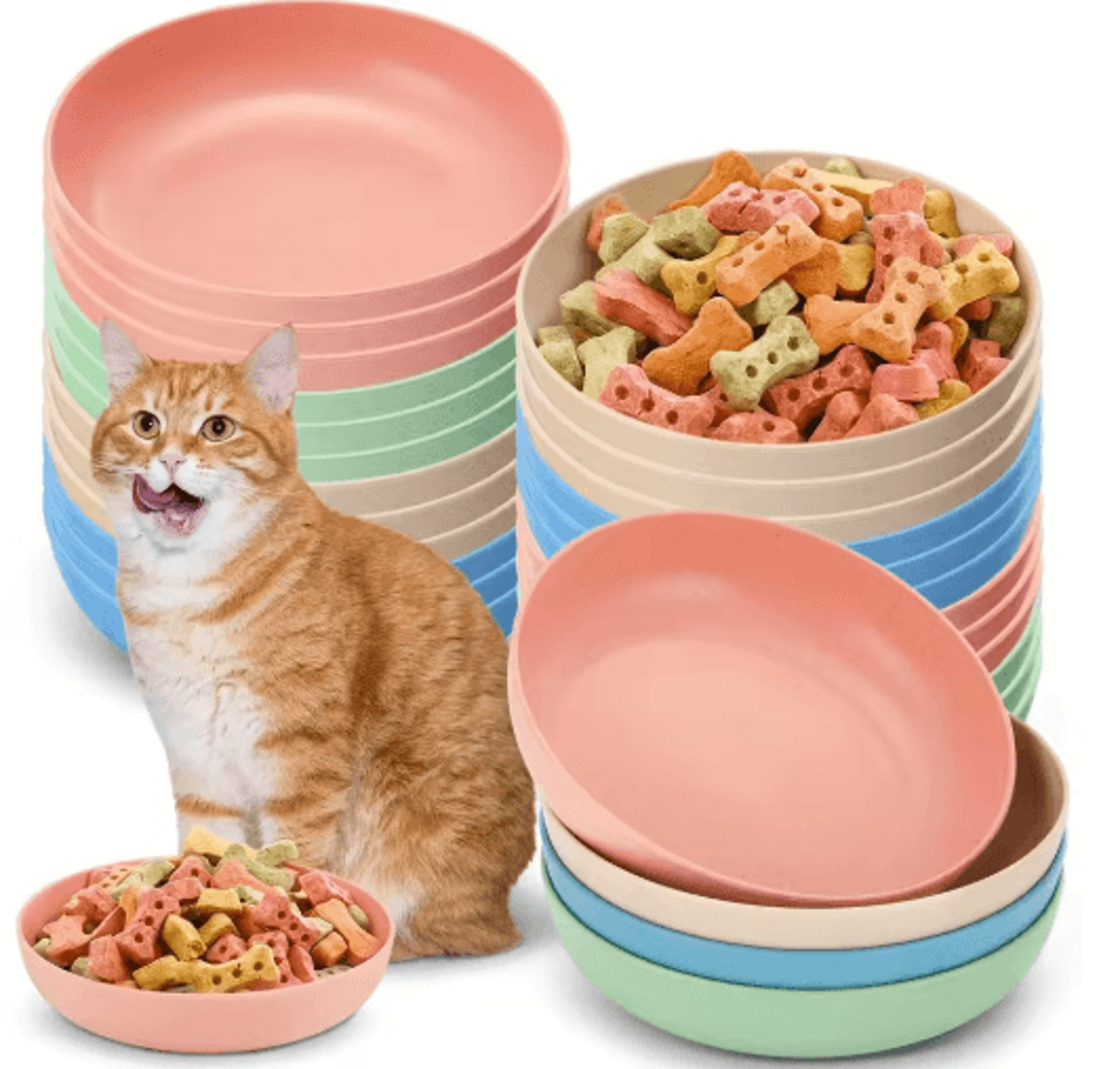 pawease shallow cat bowl set – 4-piece non-slip feeding & water dishes for cats and kittens