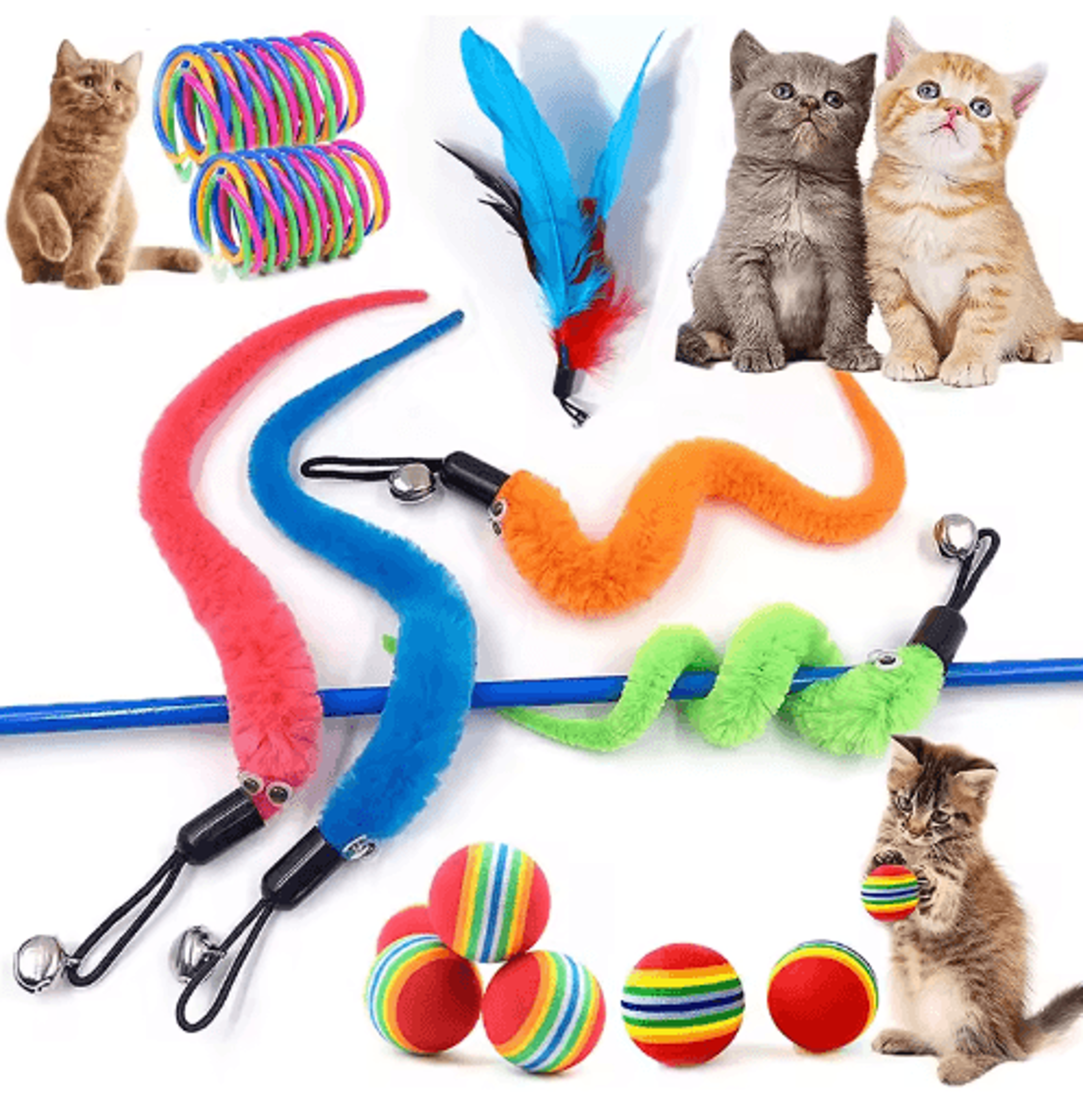purr parts cat toy refill set – feather, mouse, worm & bell replacement accessories for interactive cat toys