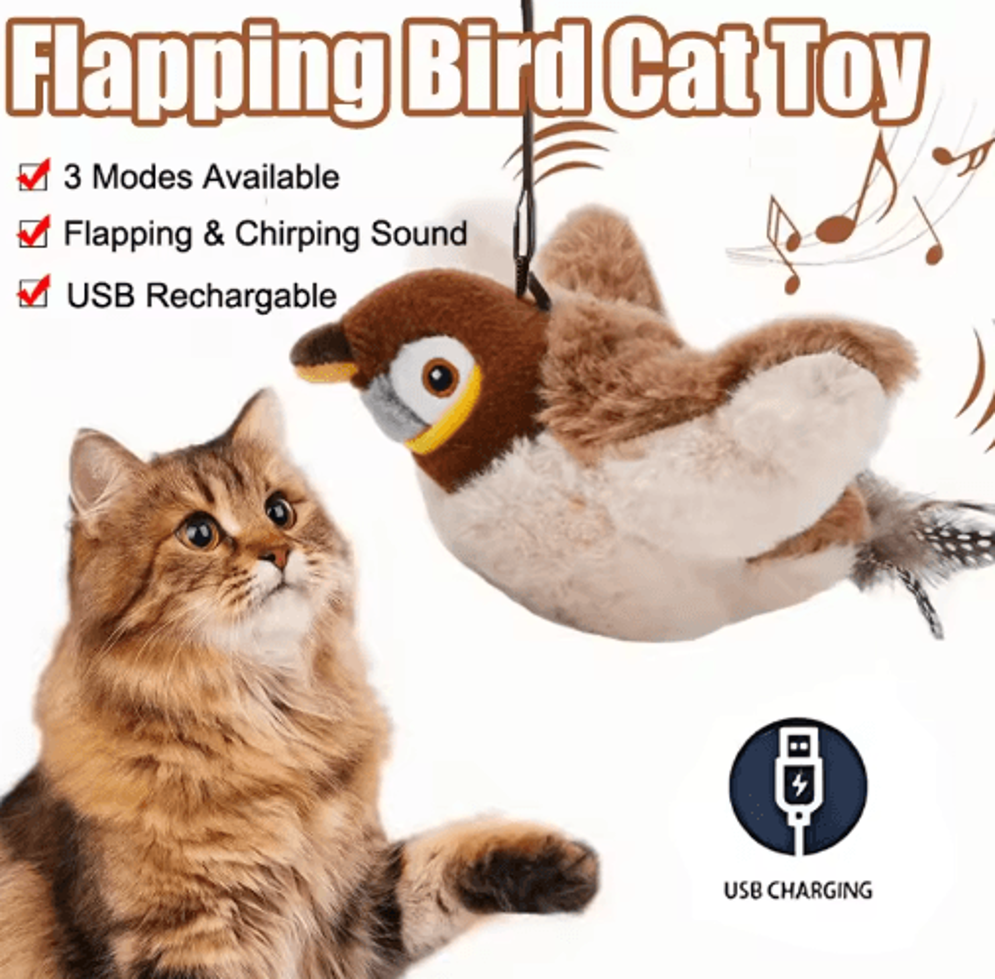 fluttertweet interactive bird toy – rechargeable chirping & flapping plush toy with catnip