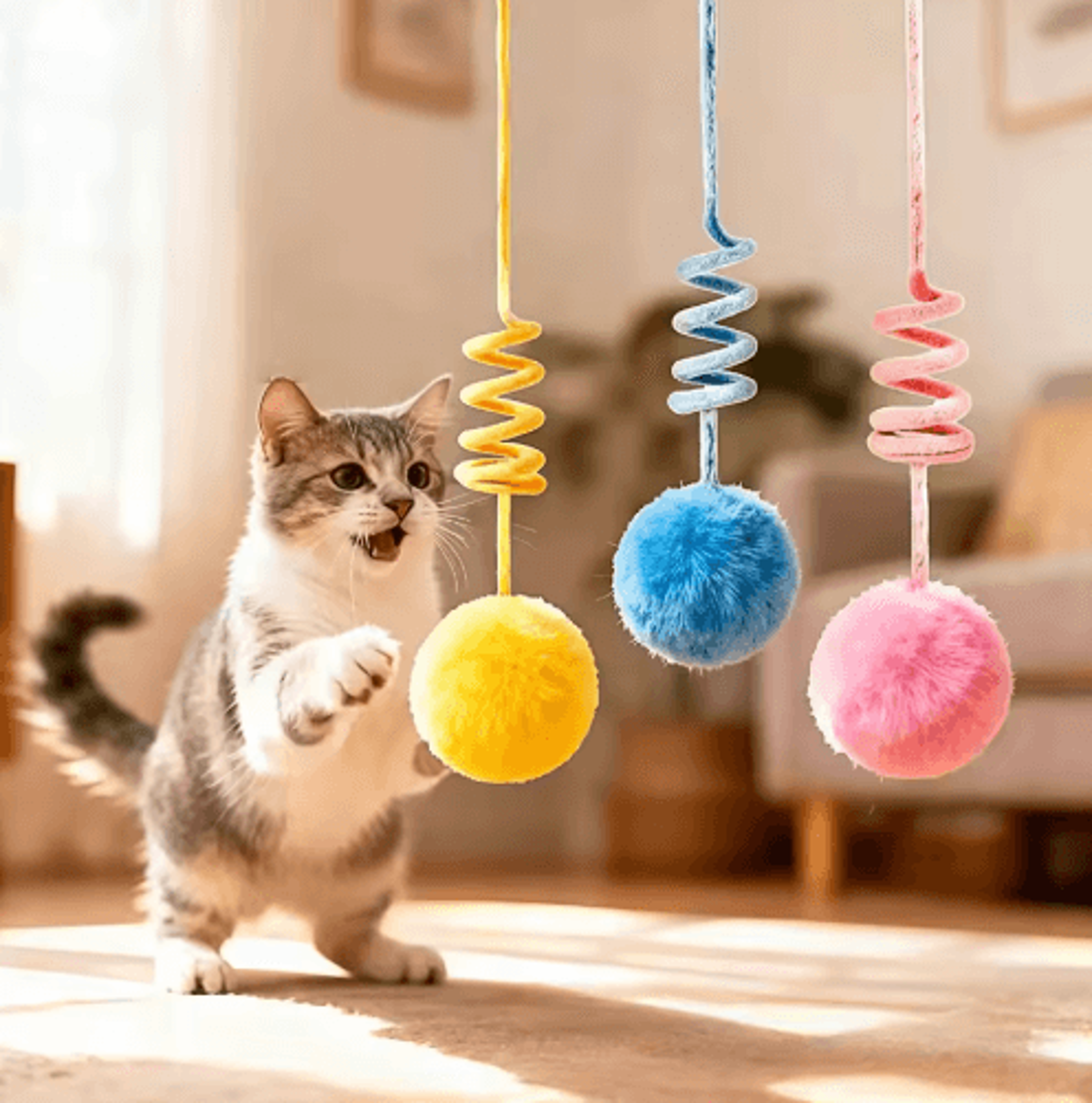 bouncepaw suction cup cat teaser – wall-mount spring toy with bunny fur ball for independent play