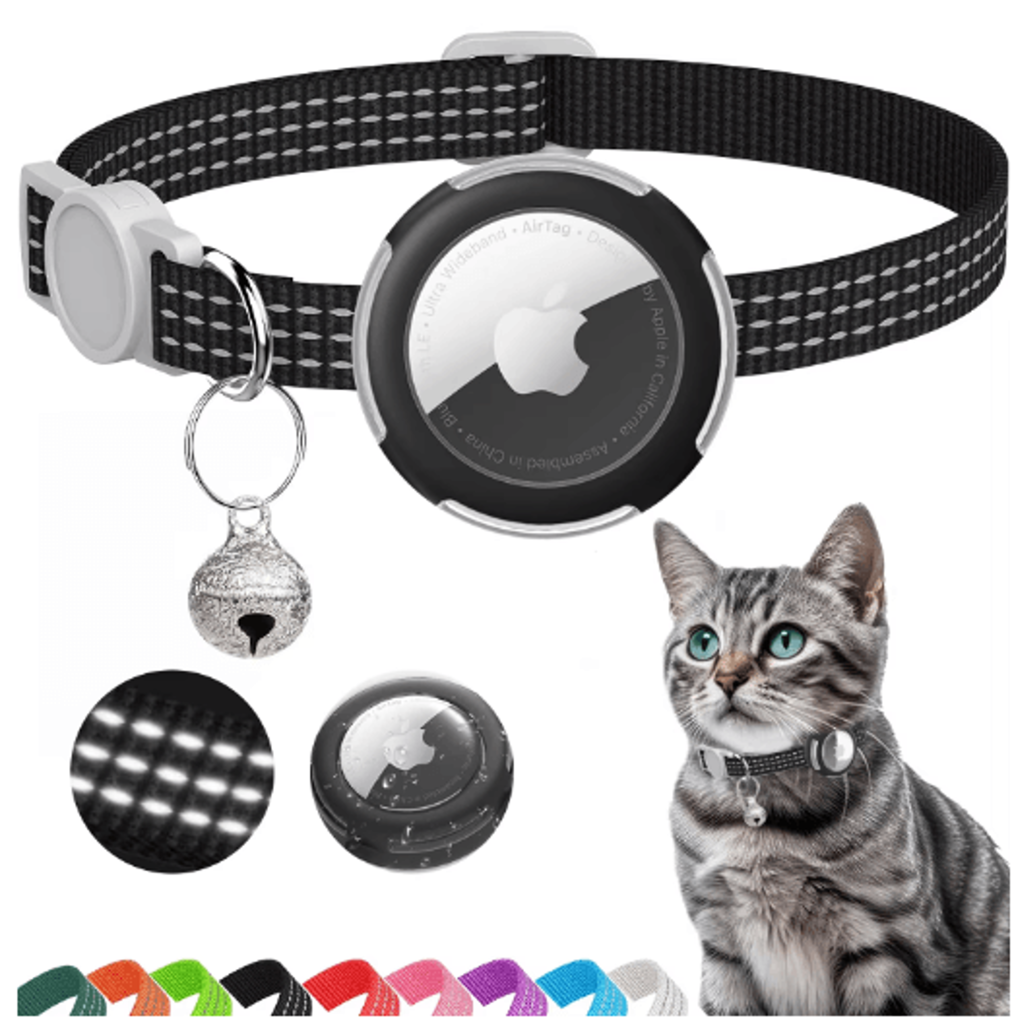 reflective airtag cat collar with breakaway safety buckle and bell