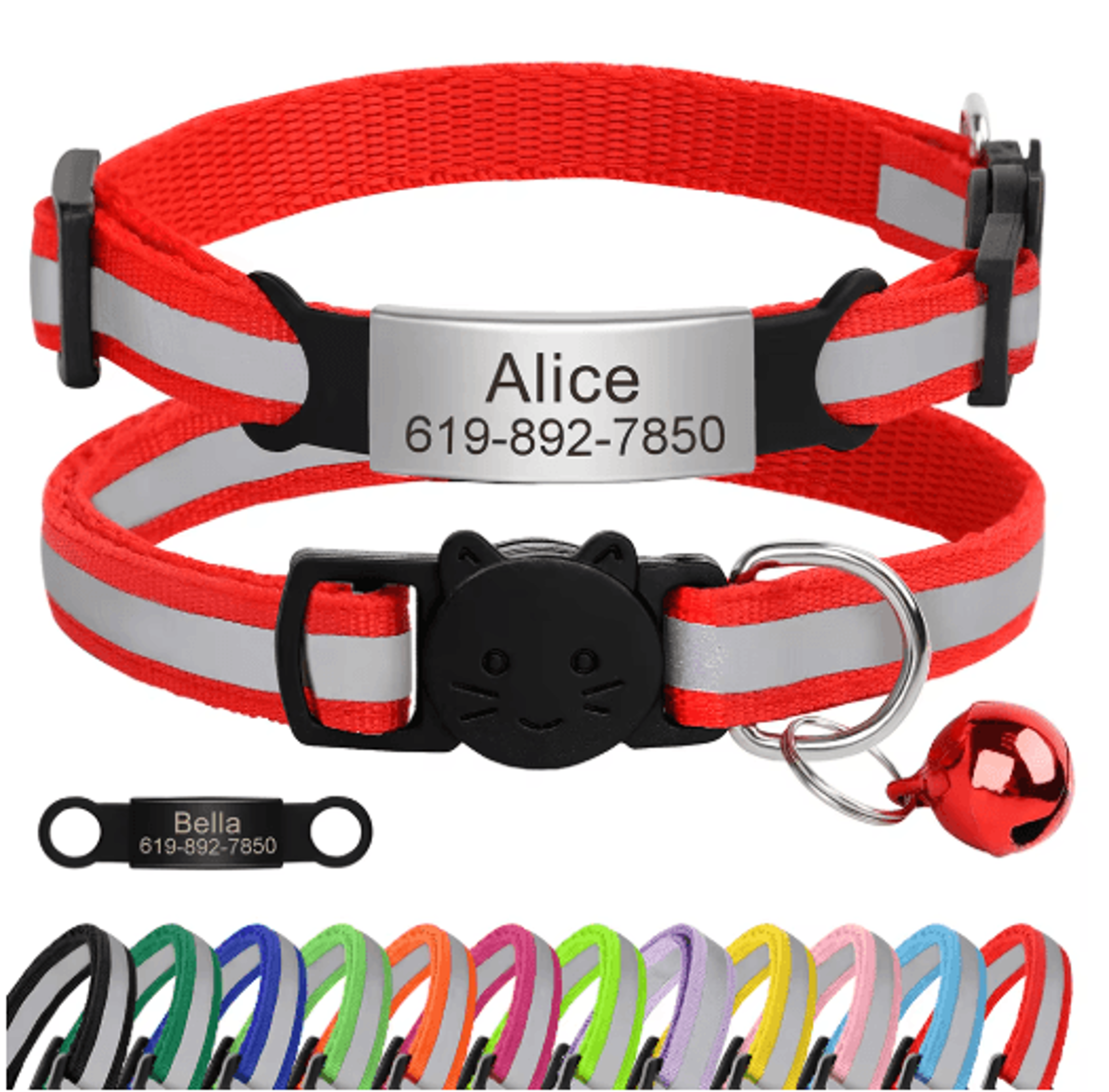 personalized reflective cat collar with engraved id nameplate & bell