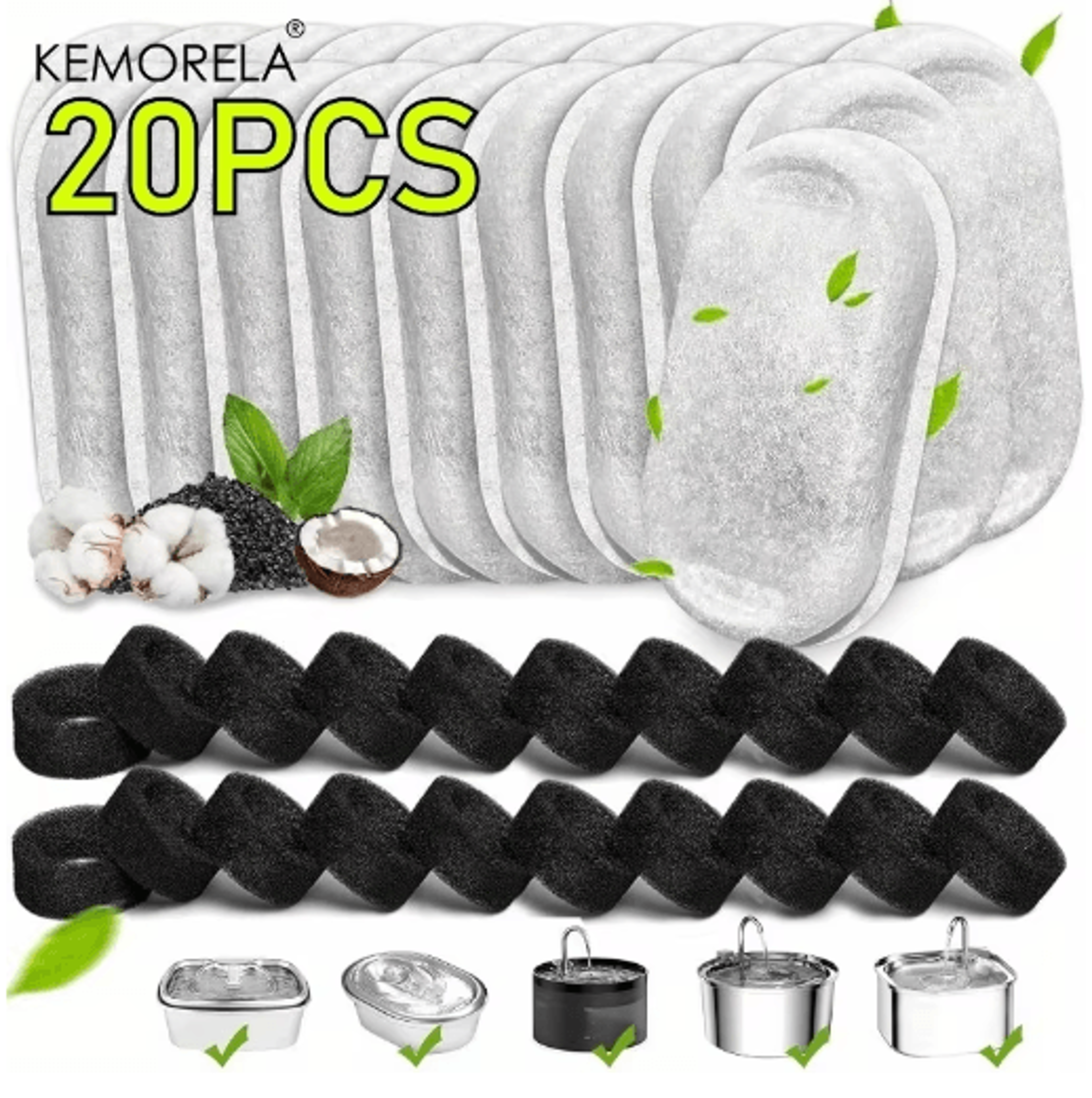 20-pack activated carbon filters & sponge set for pet water fountains