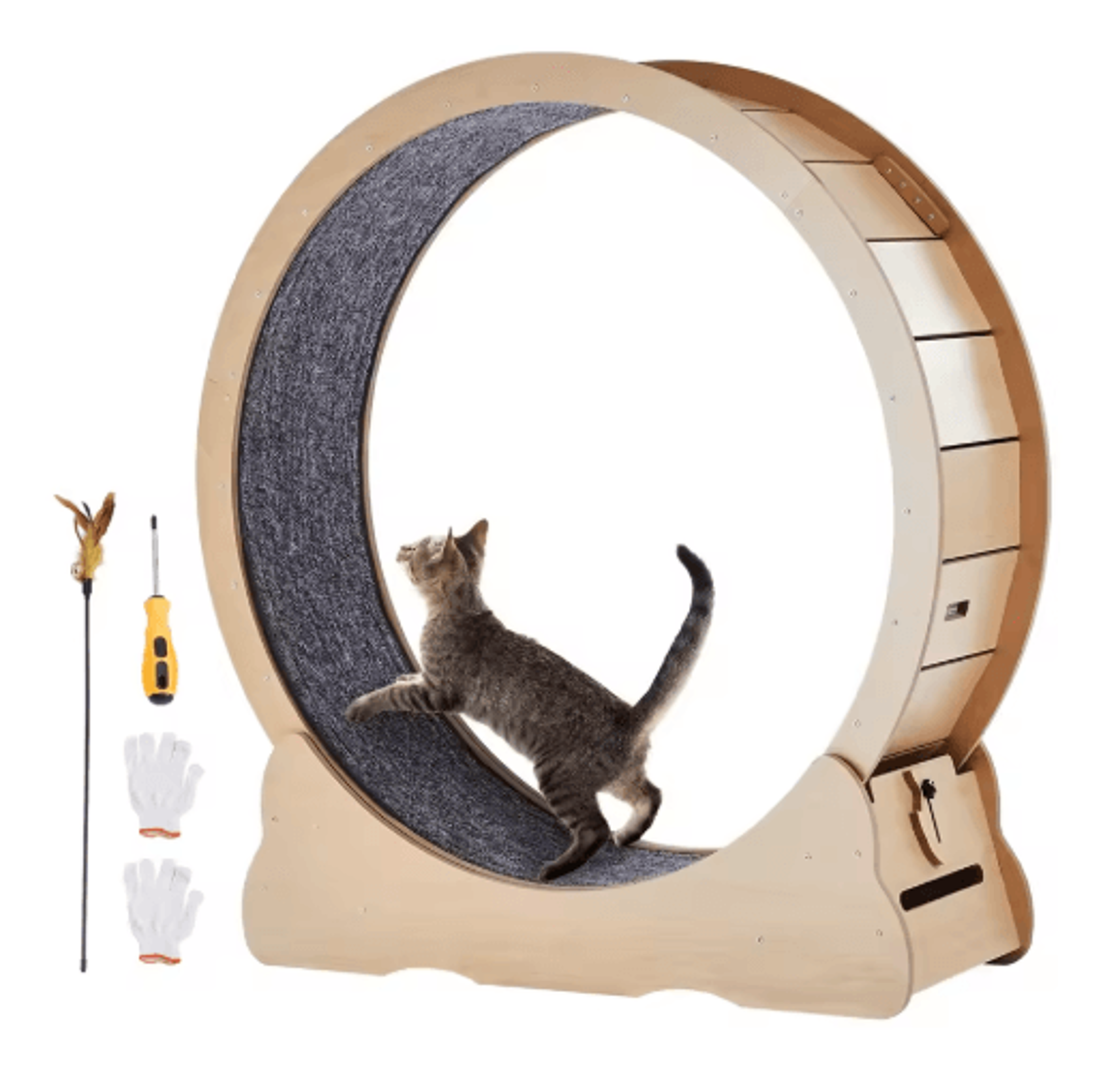 large wooden cat exercise wheel with detachable carpet & teaser toy