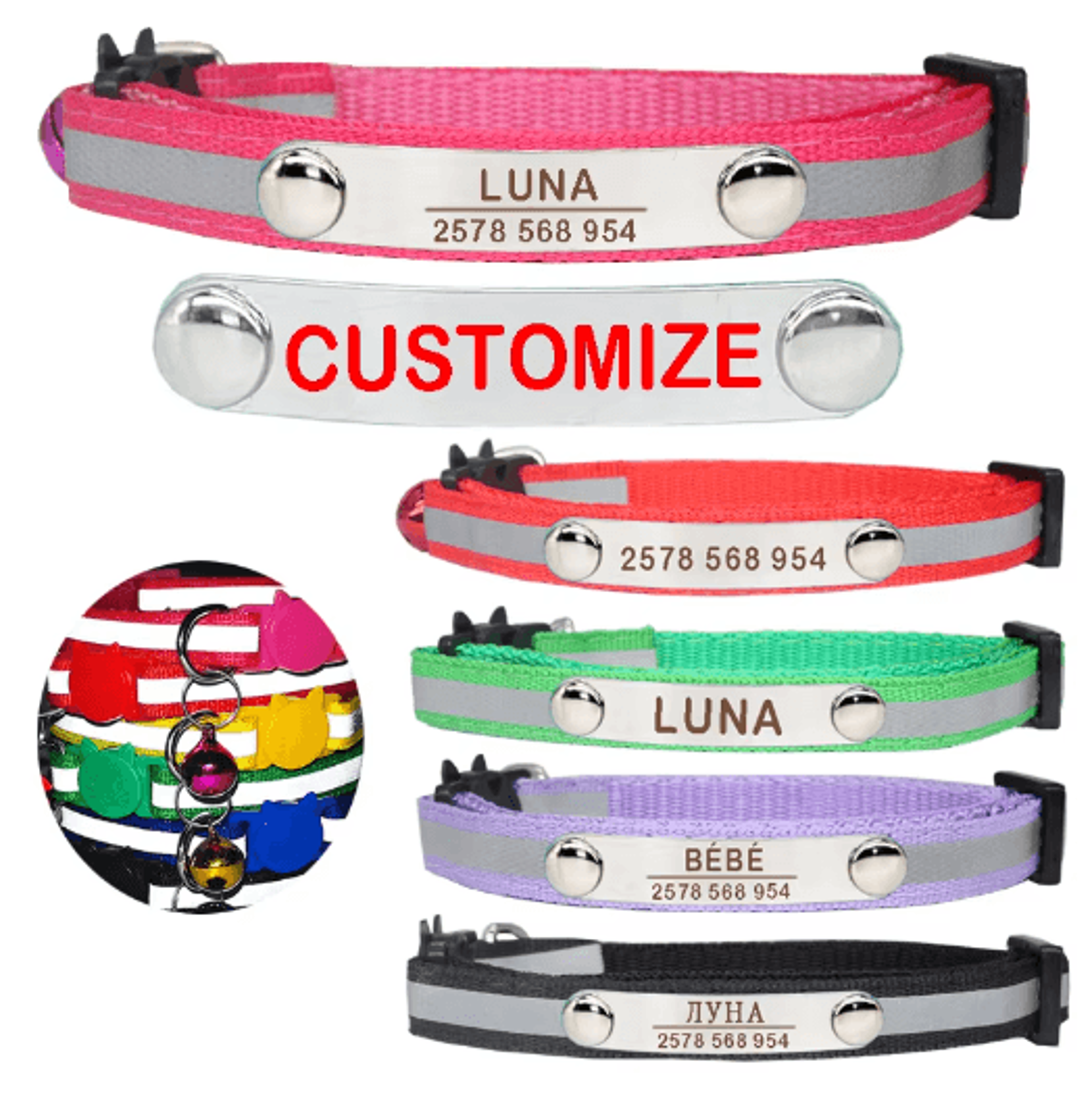 personalized reflective cat collar with free engraving & safety buckle