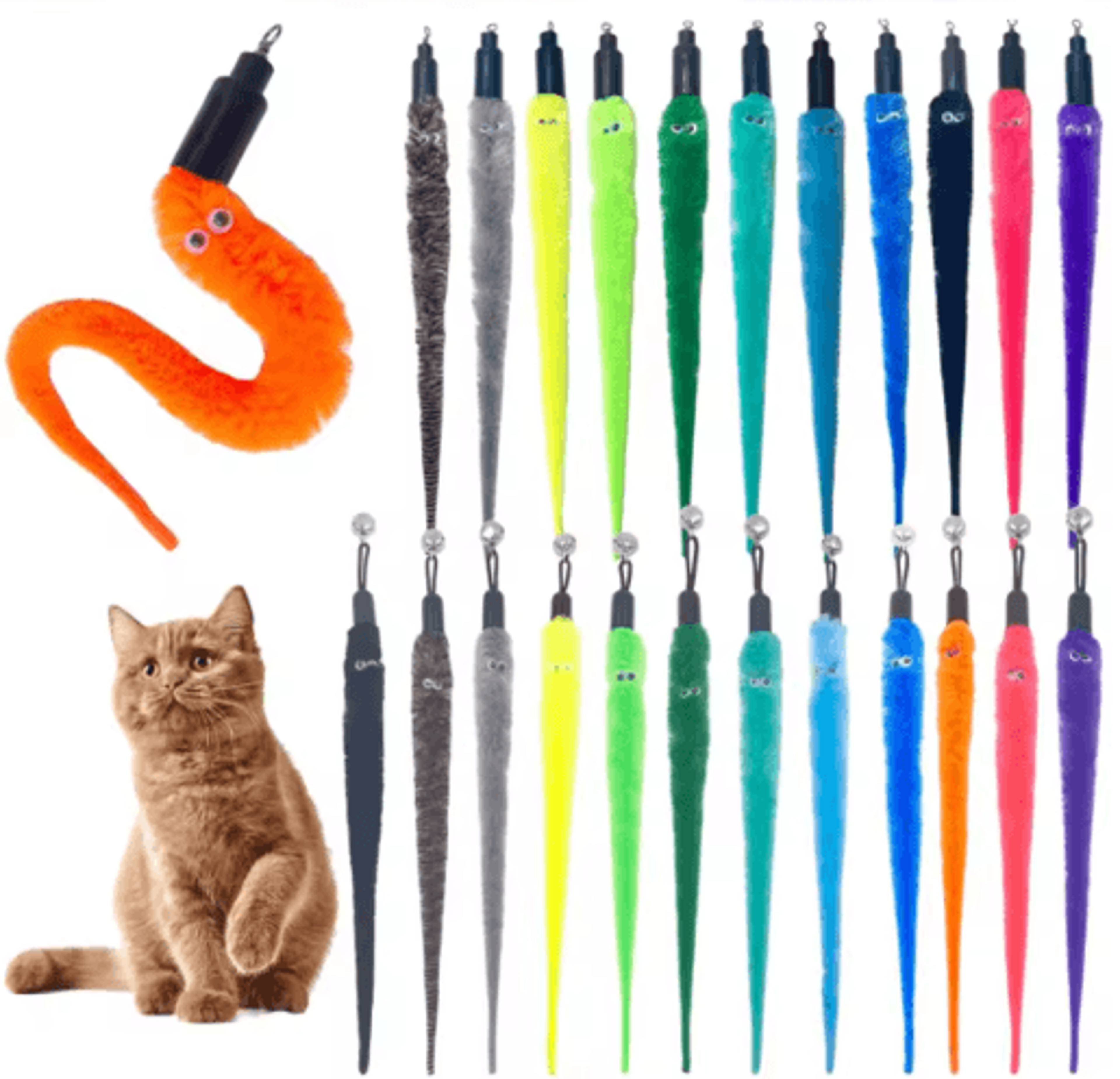 3-piece cat larva toy replacement set with bells for interactive wand play