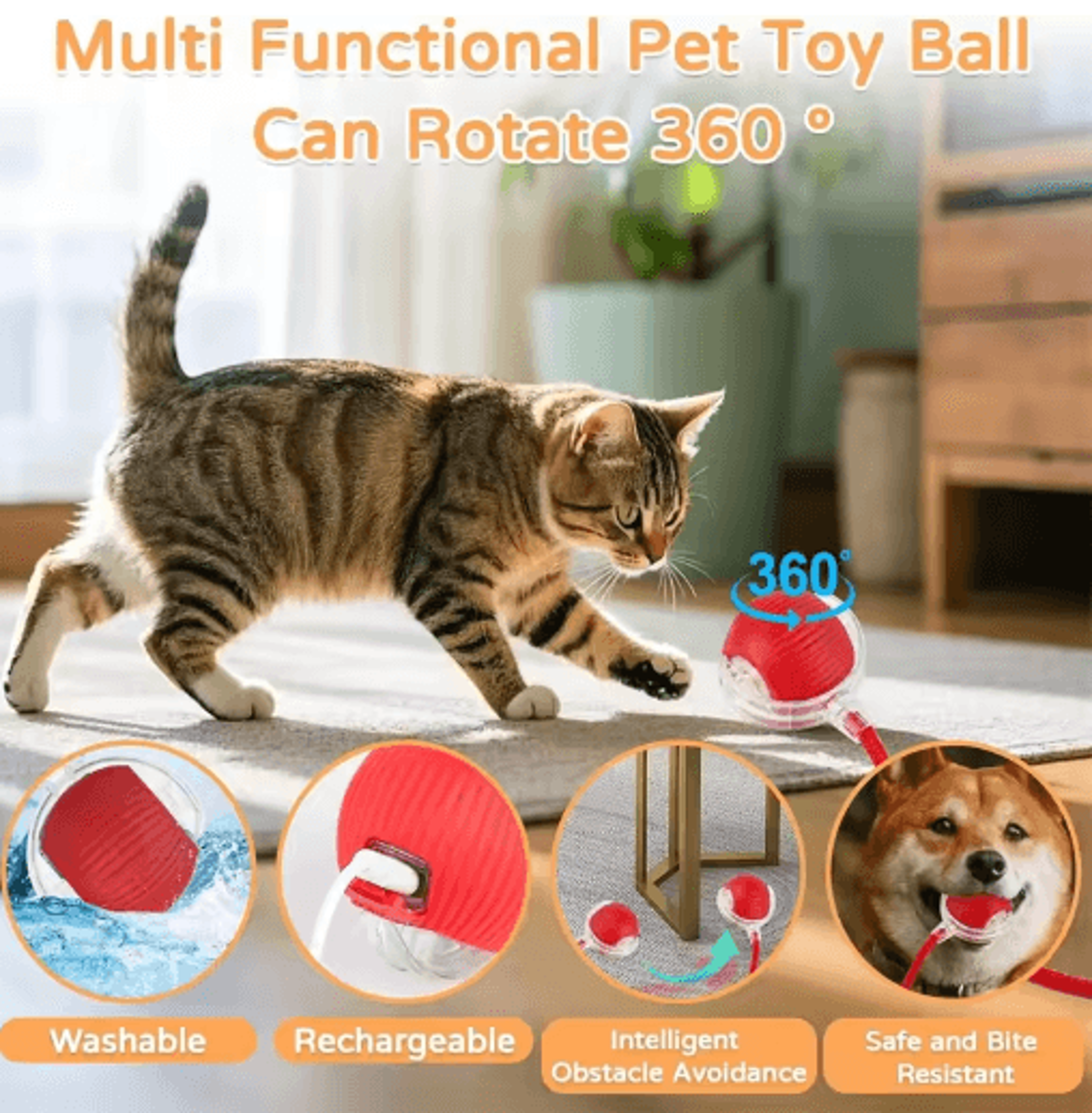 smart rolling mouse-chase ball with tail for cats & small pets
