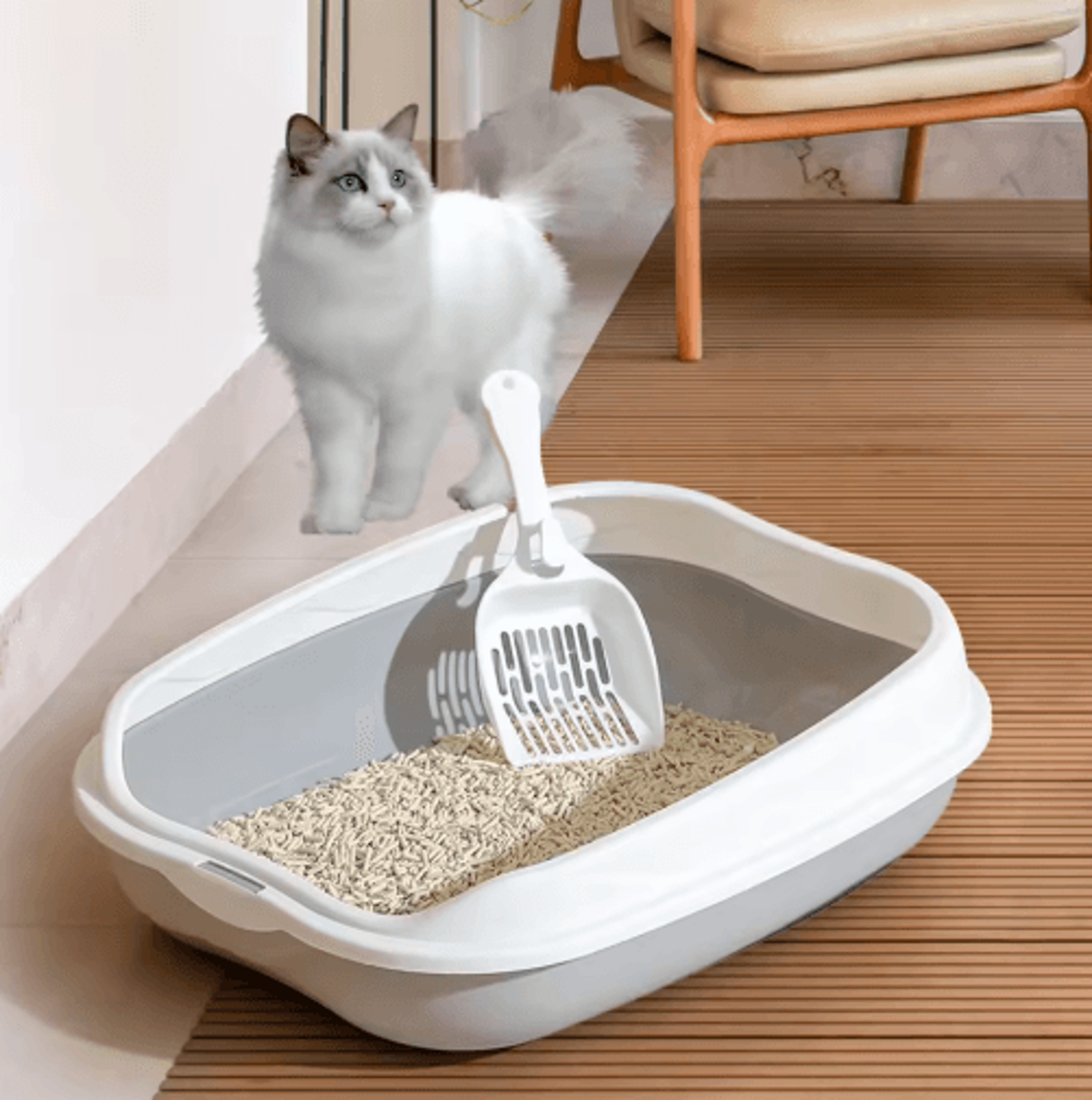 large semi-enclosed cat litter box with high-sided splash guard