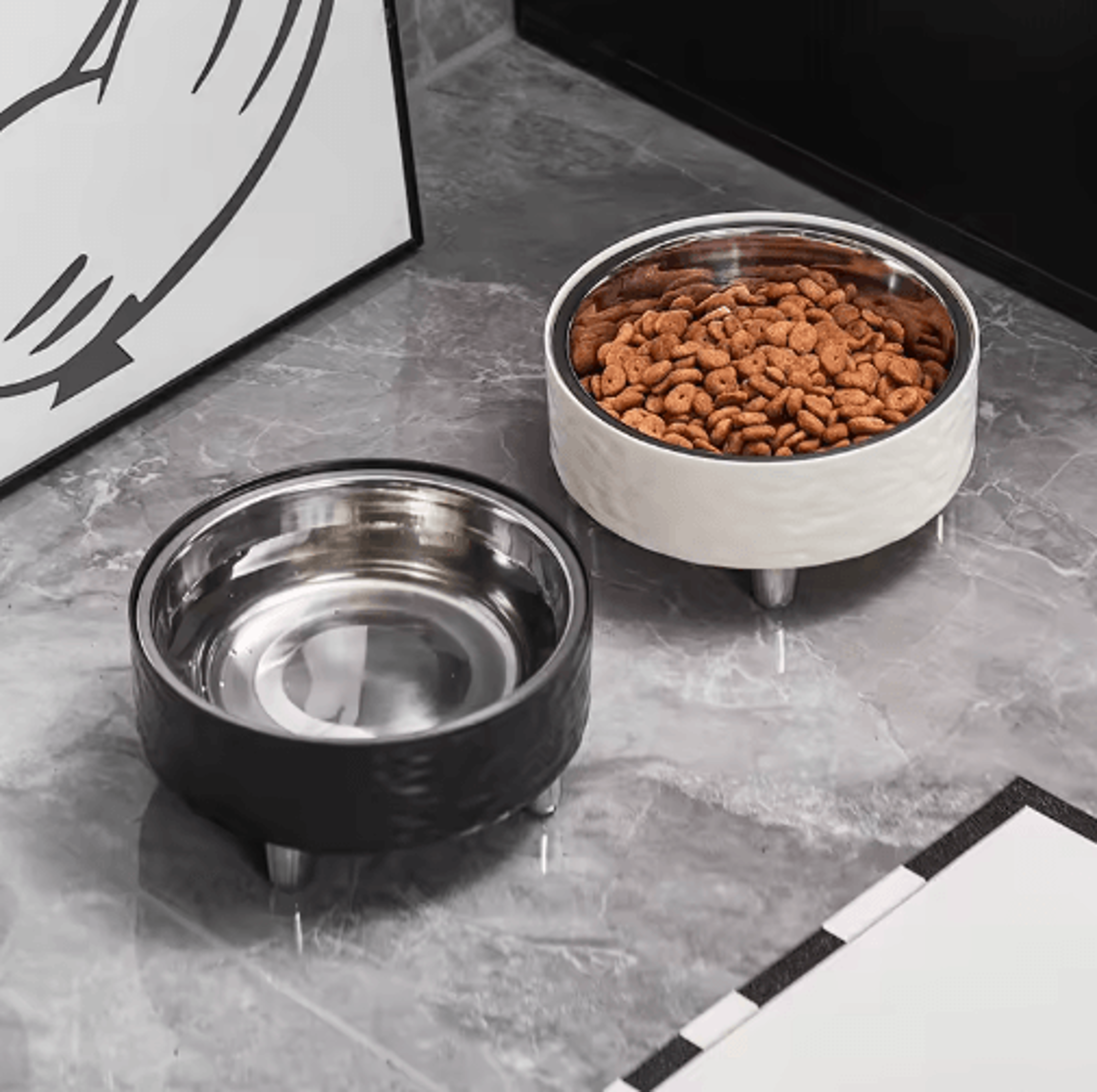 elevated stainless steel pet bowl with water ripple design for cats & small dogs