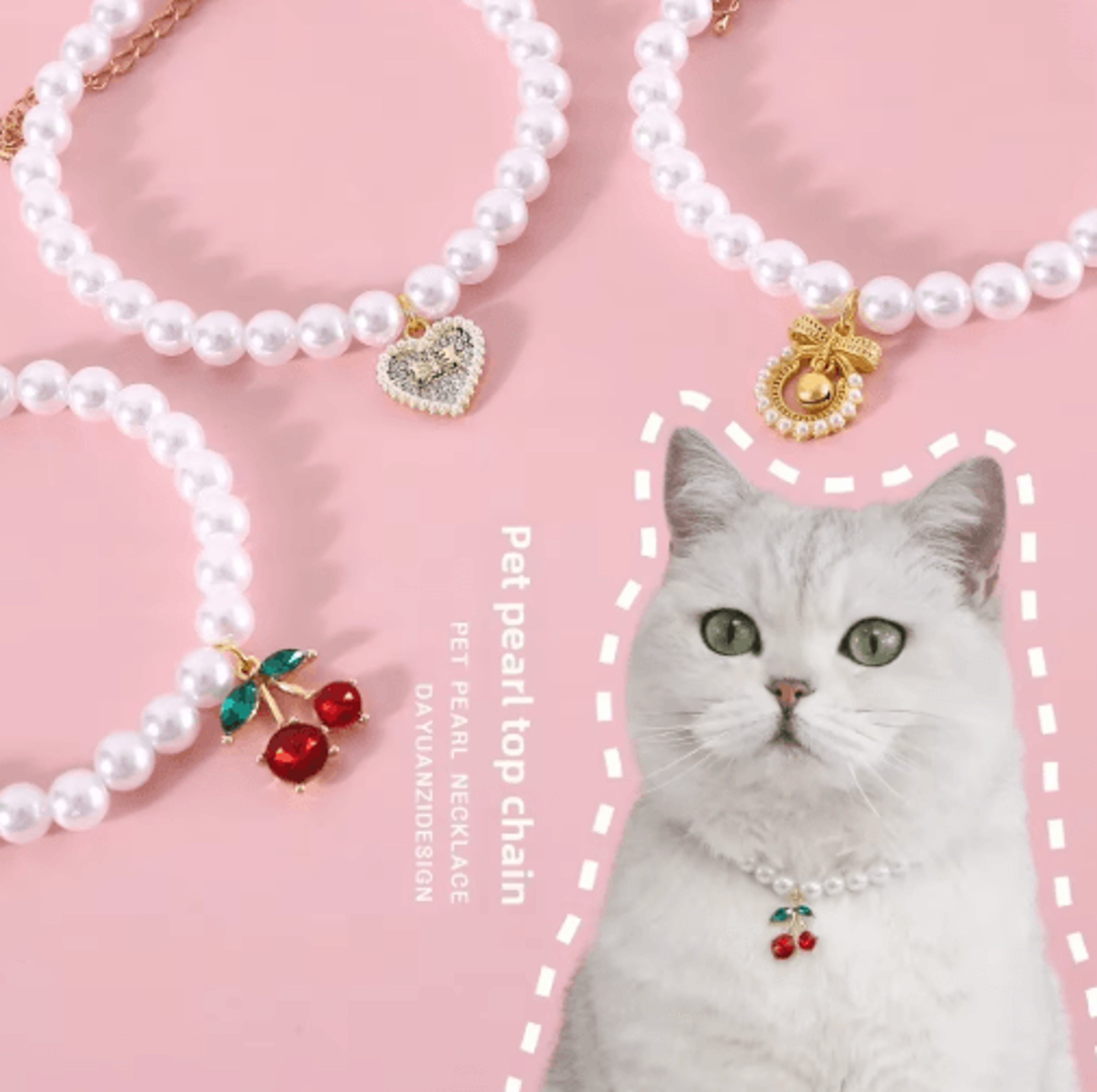 princess pearl pet necklace with cherry charm & bow pendant