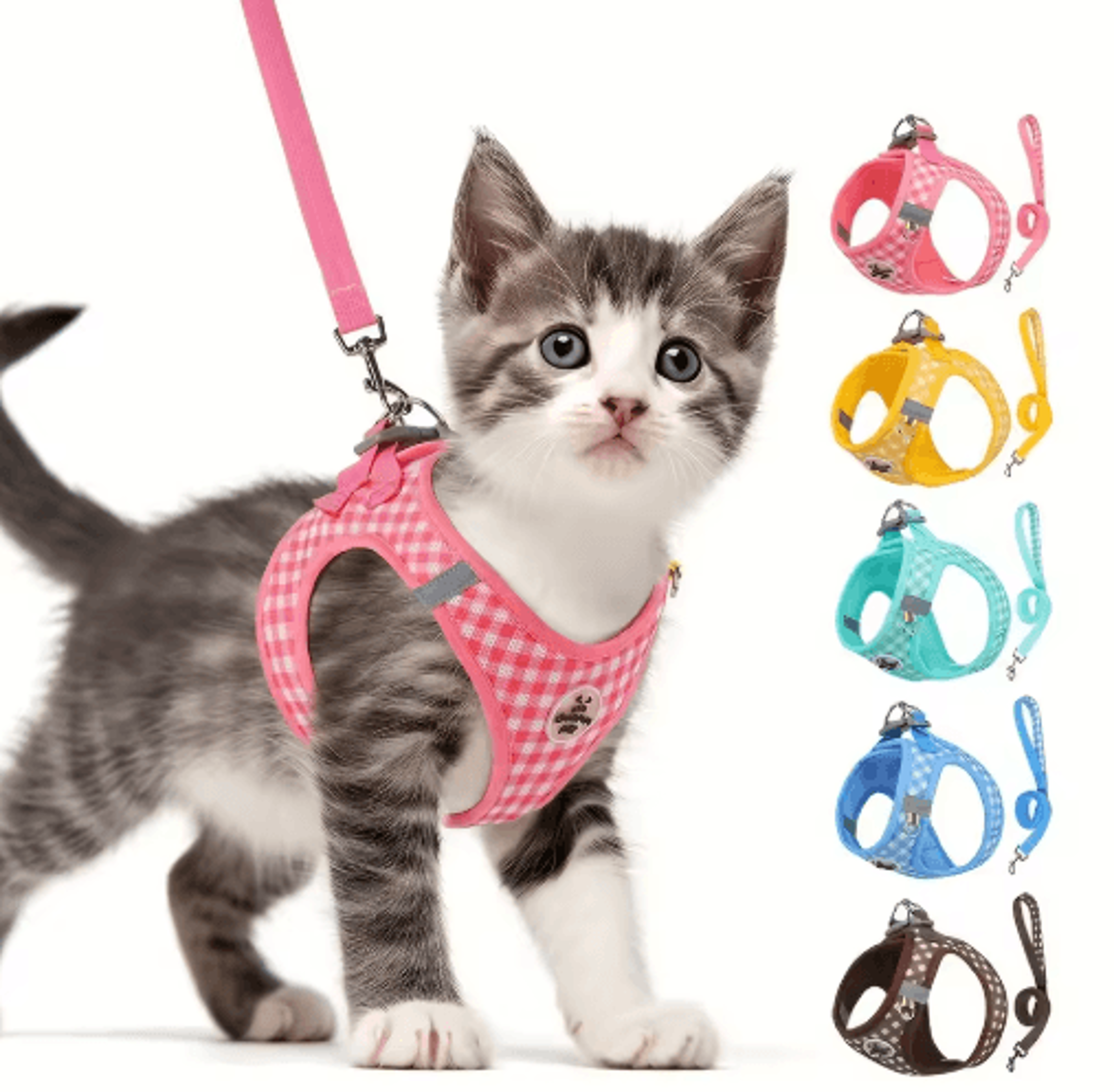 reflective checkered pet harness & leash set for cats and small dogs