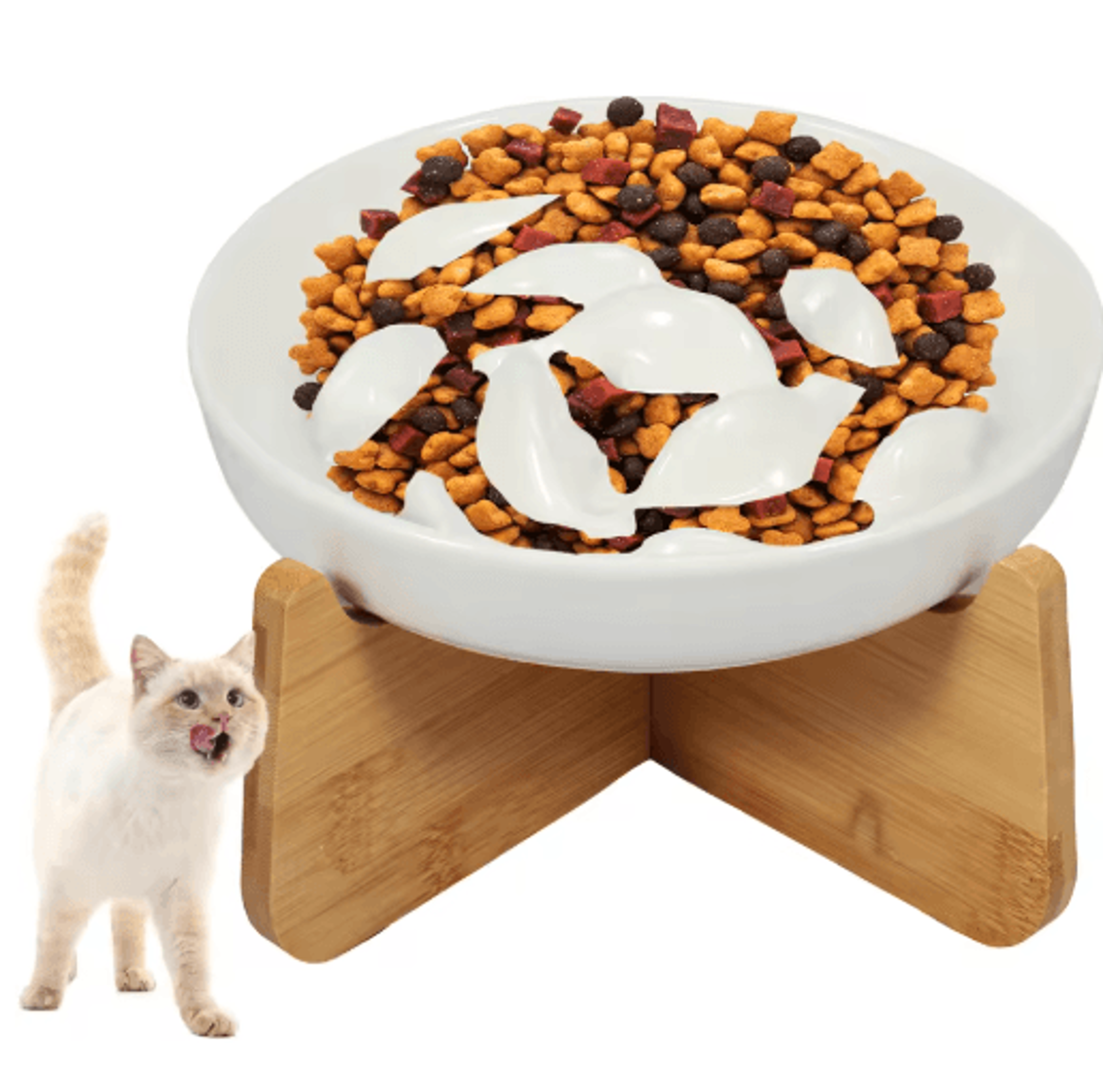 elevated ceramic cat bowl with wooden stand anti-vomiting slow feeder pet bowl