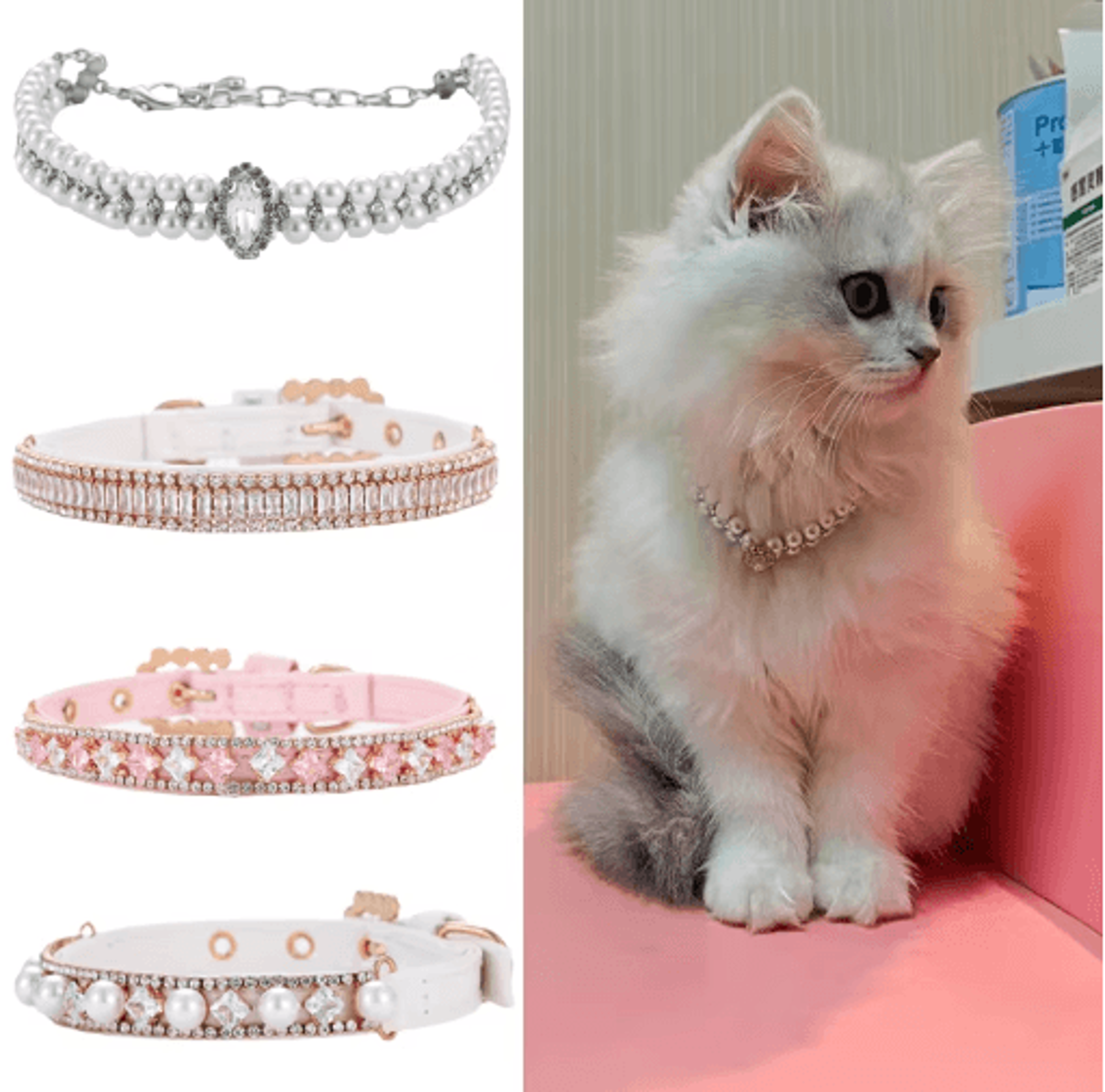 pearl rhinestone cat collar adjustable luxury pet necklace for cats & small pets