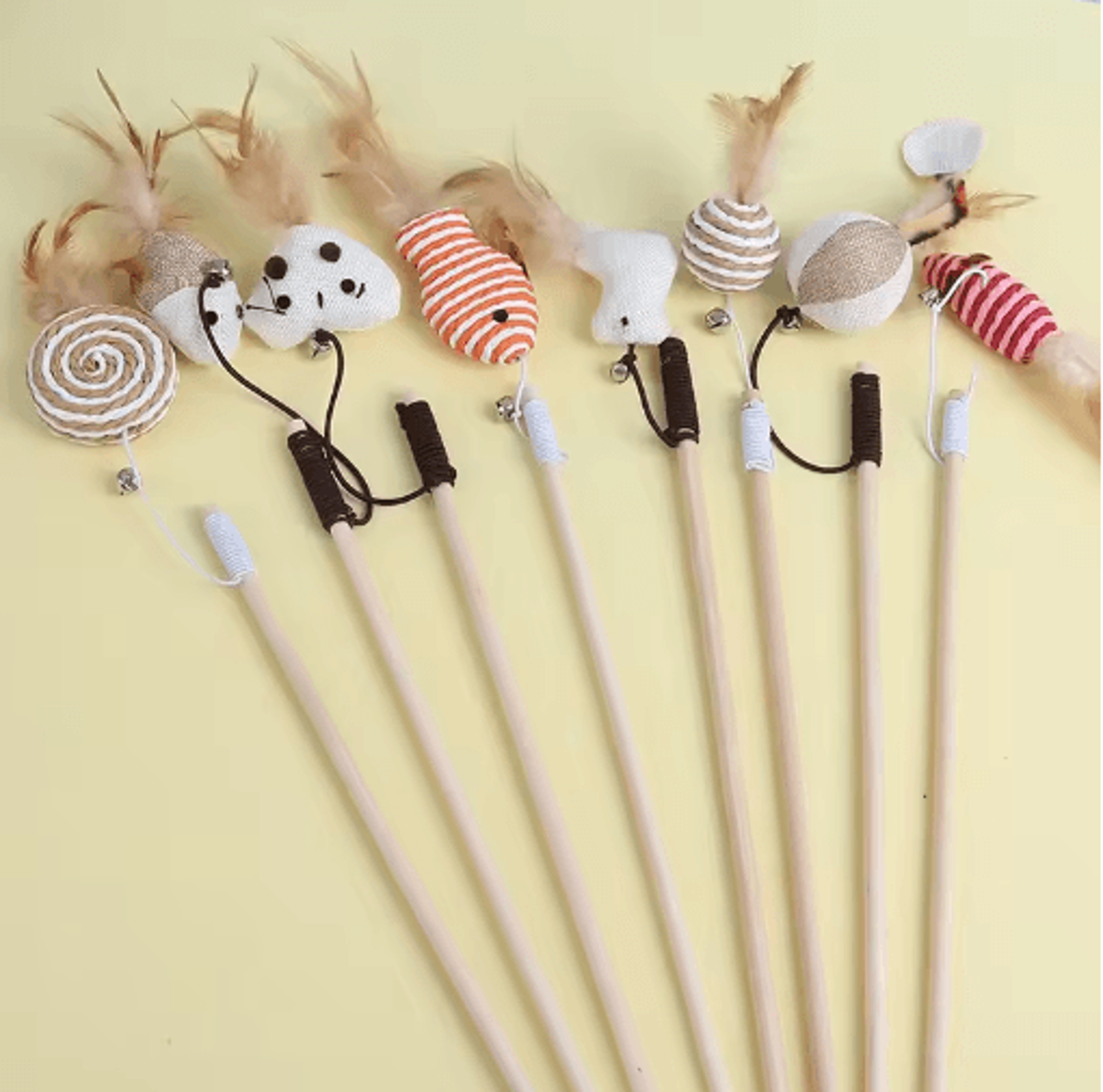 wooden mouse feather cat teaser wand interactive bell toy for cats
