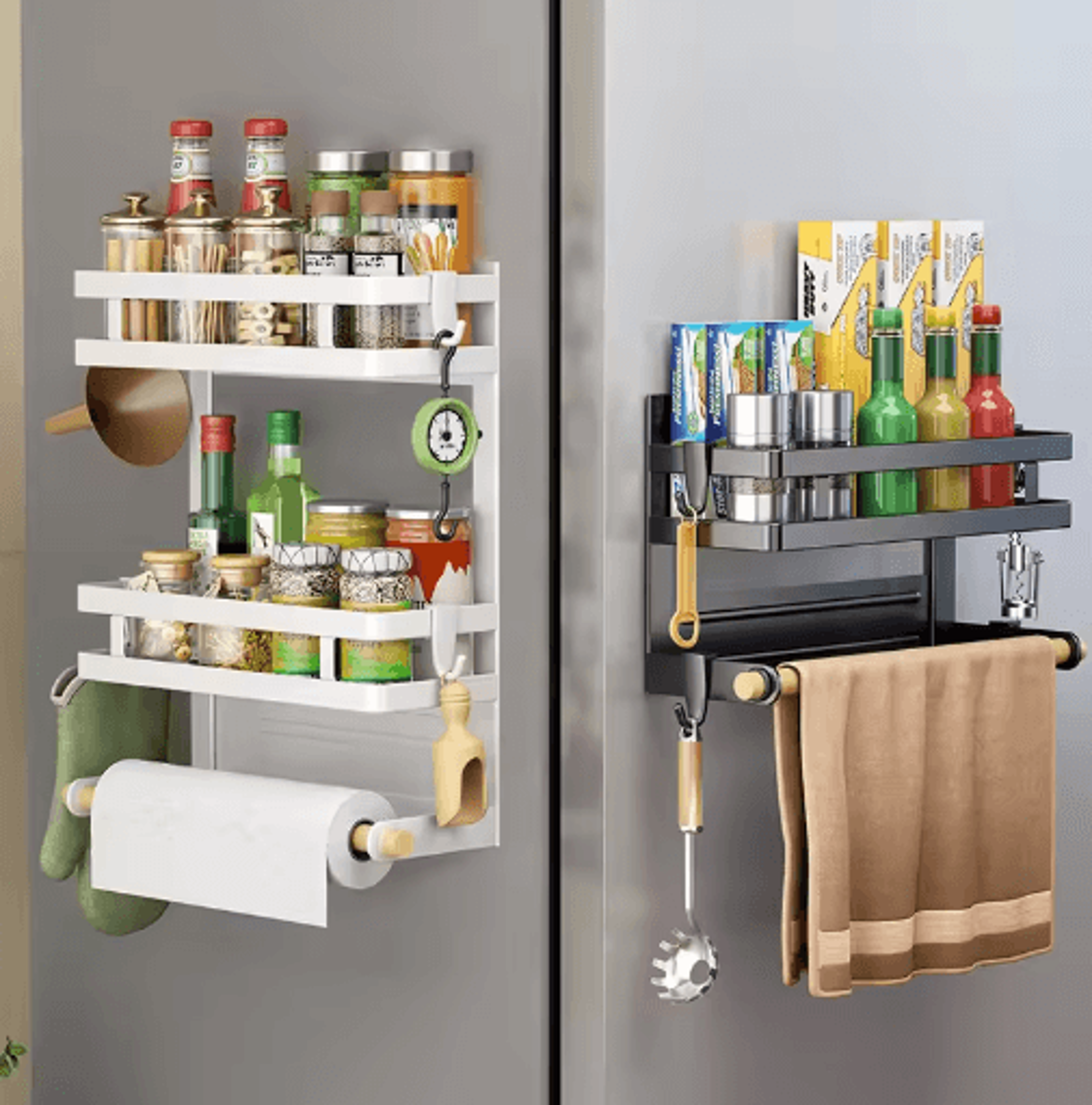 2-3 tier magnetic refrigerator organizer shelf – space-saving kitchen storage rack with towel holder