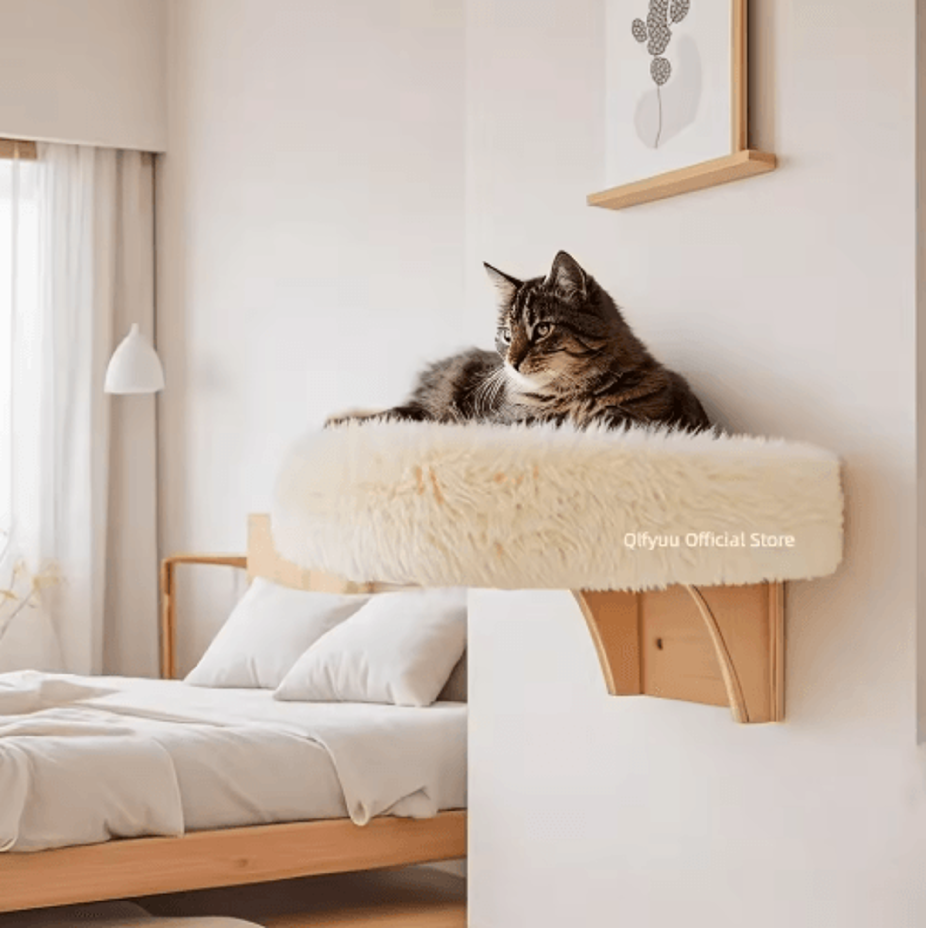 wall-mounted wooden cat perch bed – cozy elevated cat shelf for winter comfort