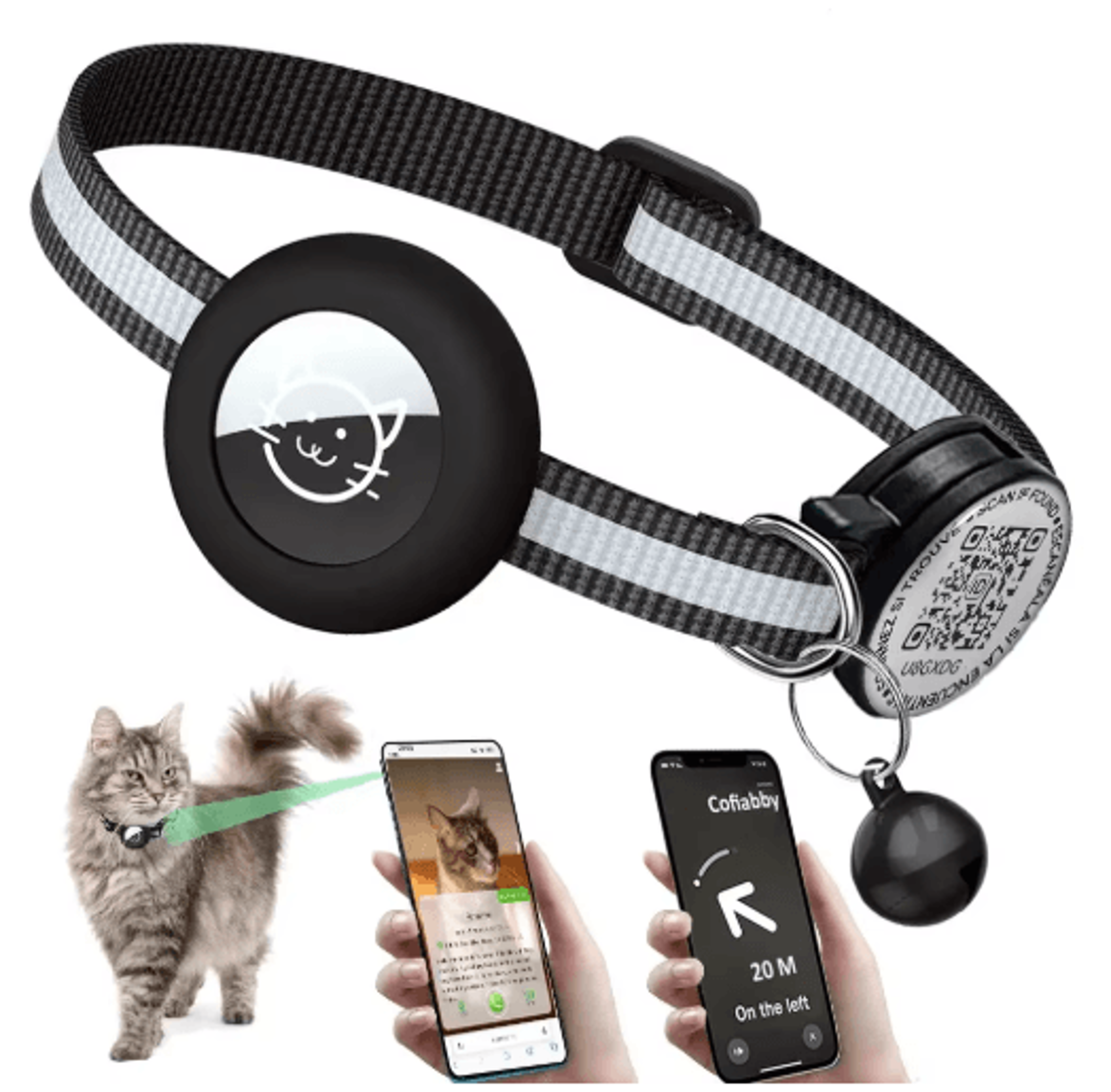 gps tracker cat collar with airtag holder, qr id tag & reflective safety design