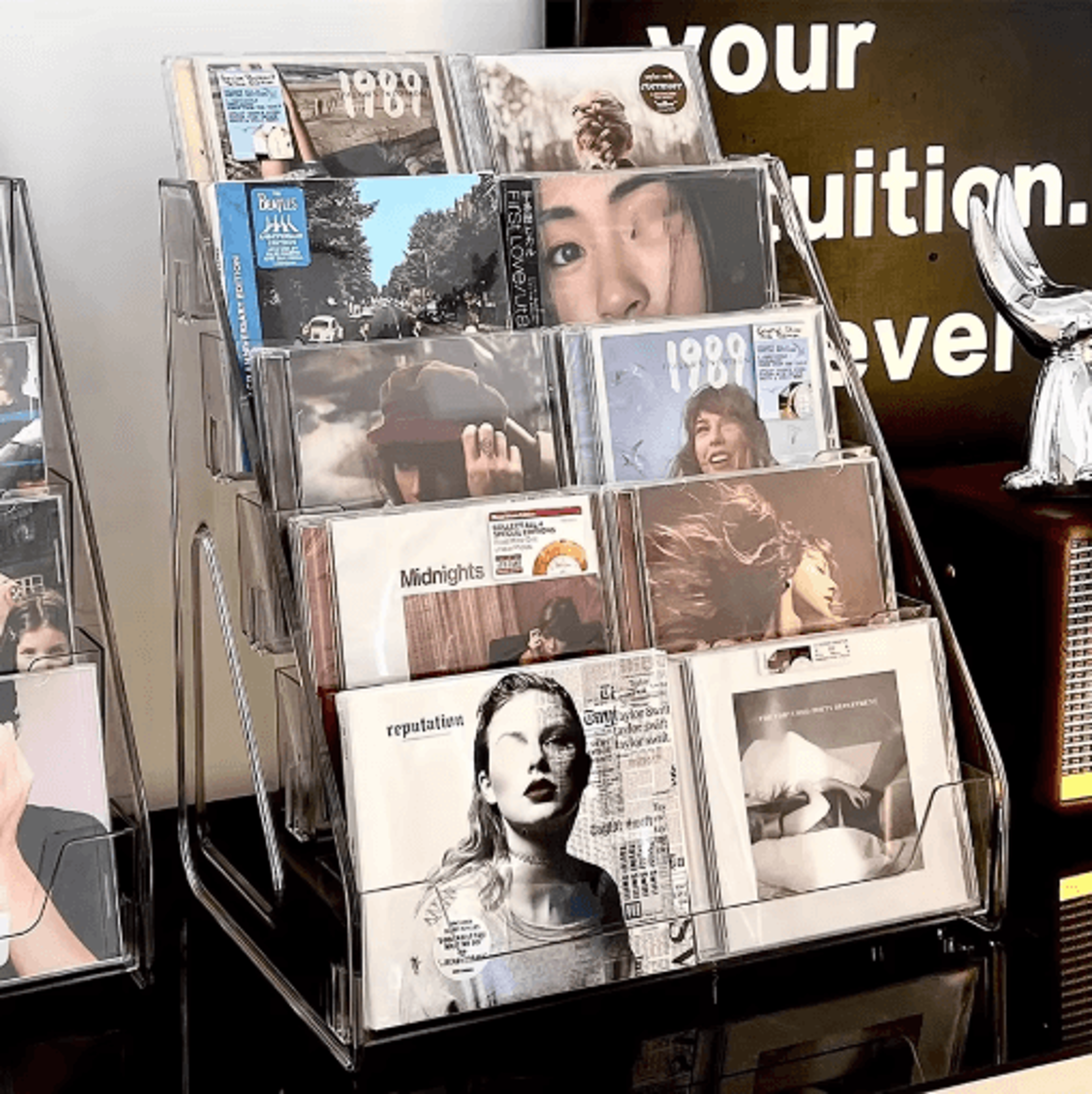 transparent cd & vinyl record storage rack for albums and media collections