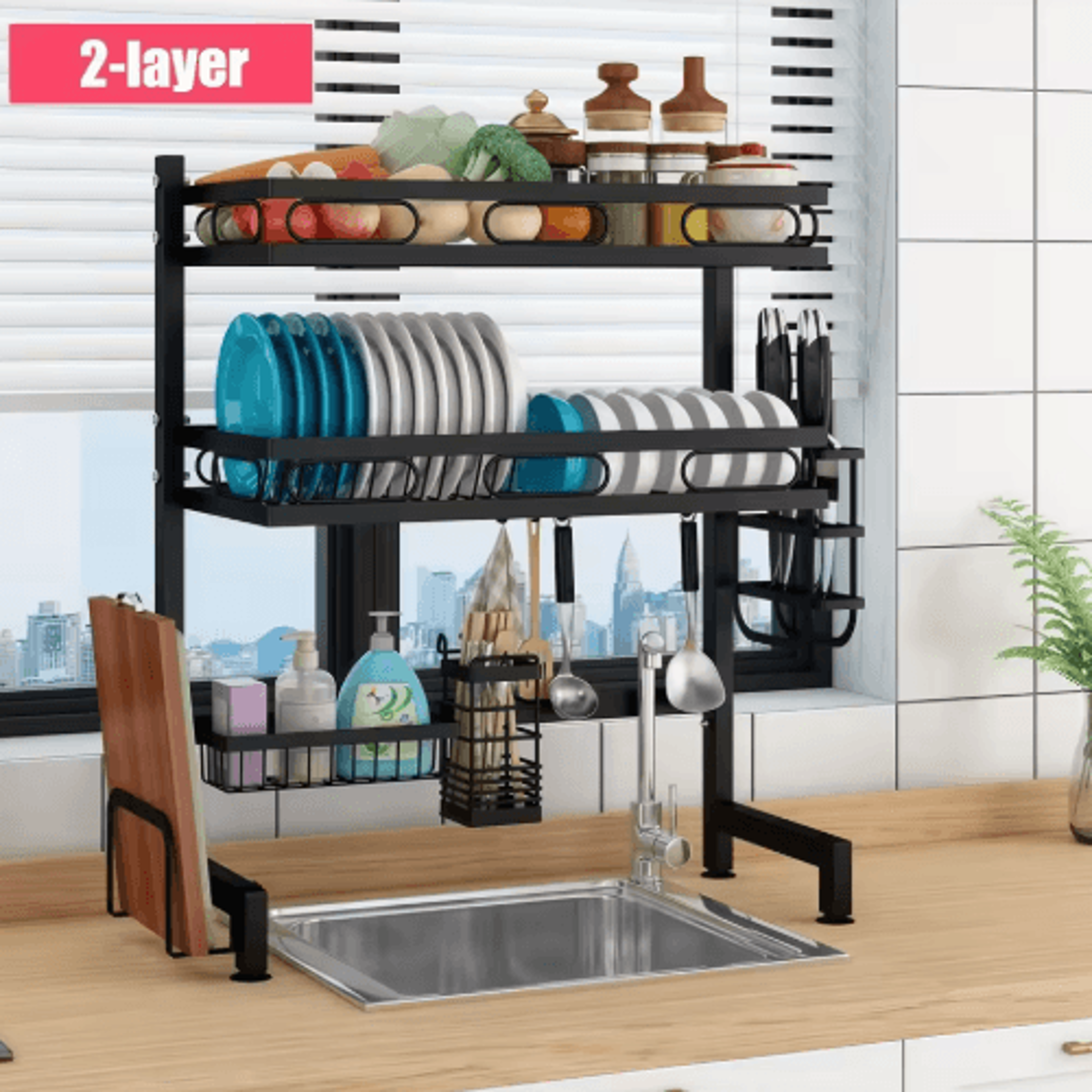 over-the-sink dish drying rack with large capacity storage shelf