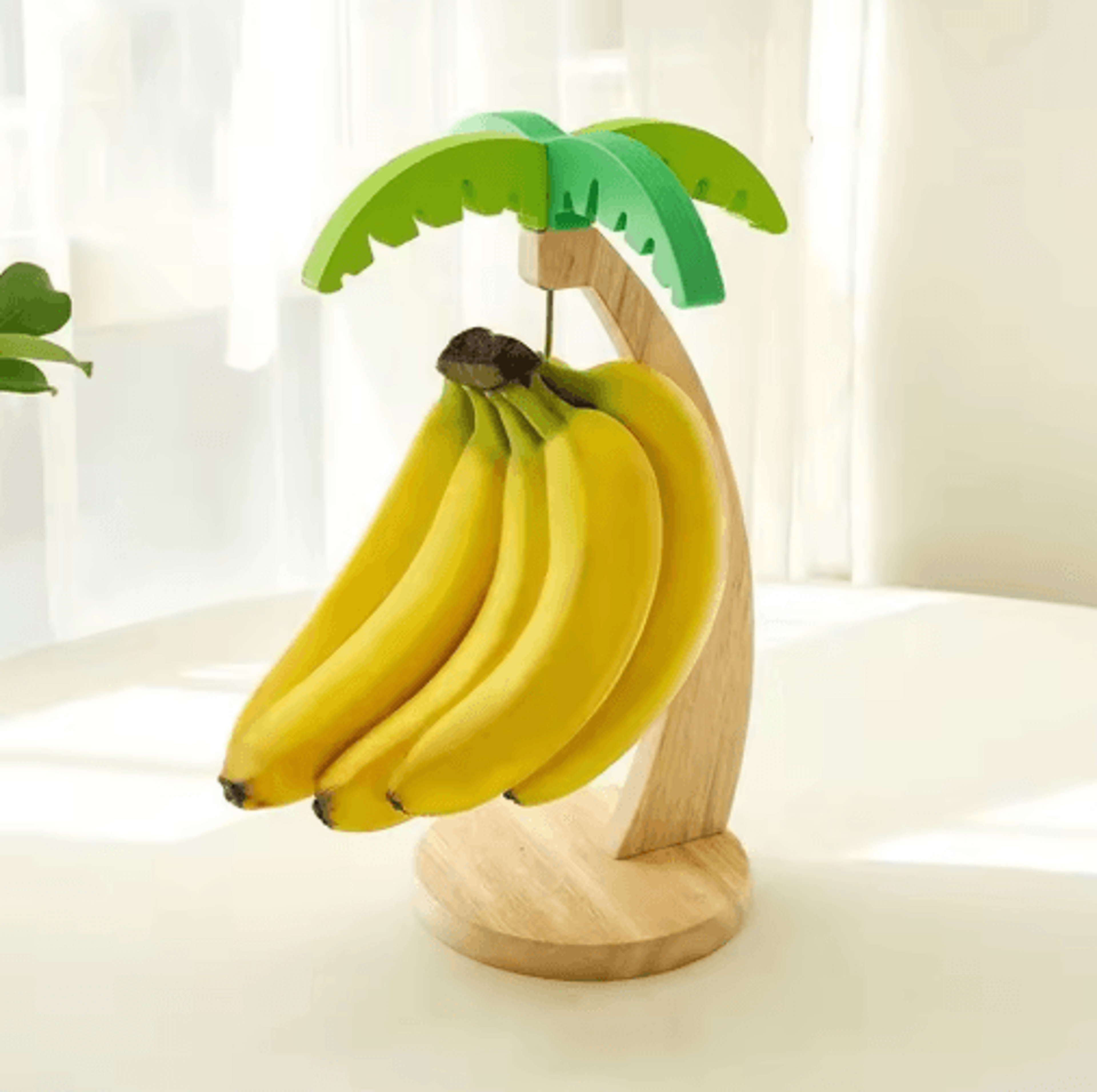 wooden banana holder stand with decorative leaf accent & fruit storage hook