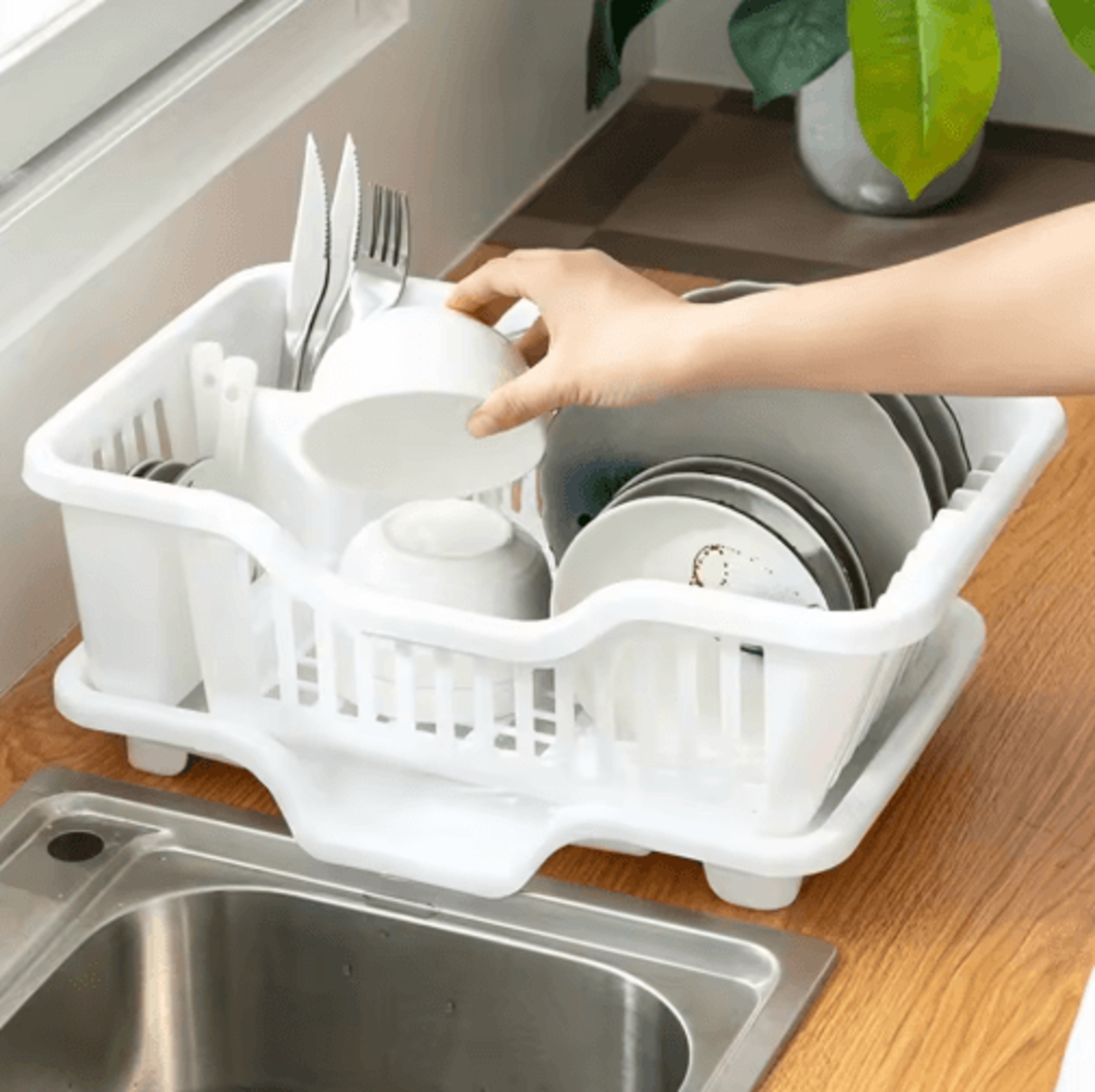kitchen dish drying rack with drain board & utensil organizer