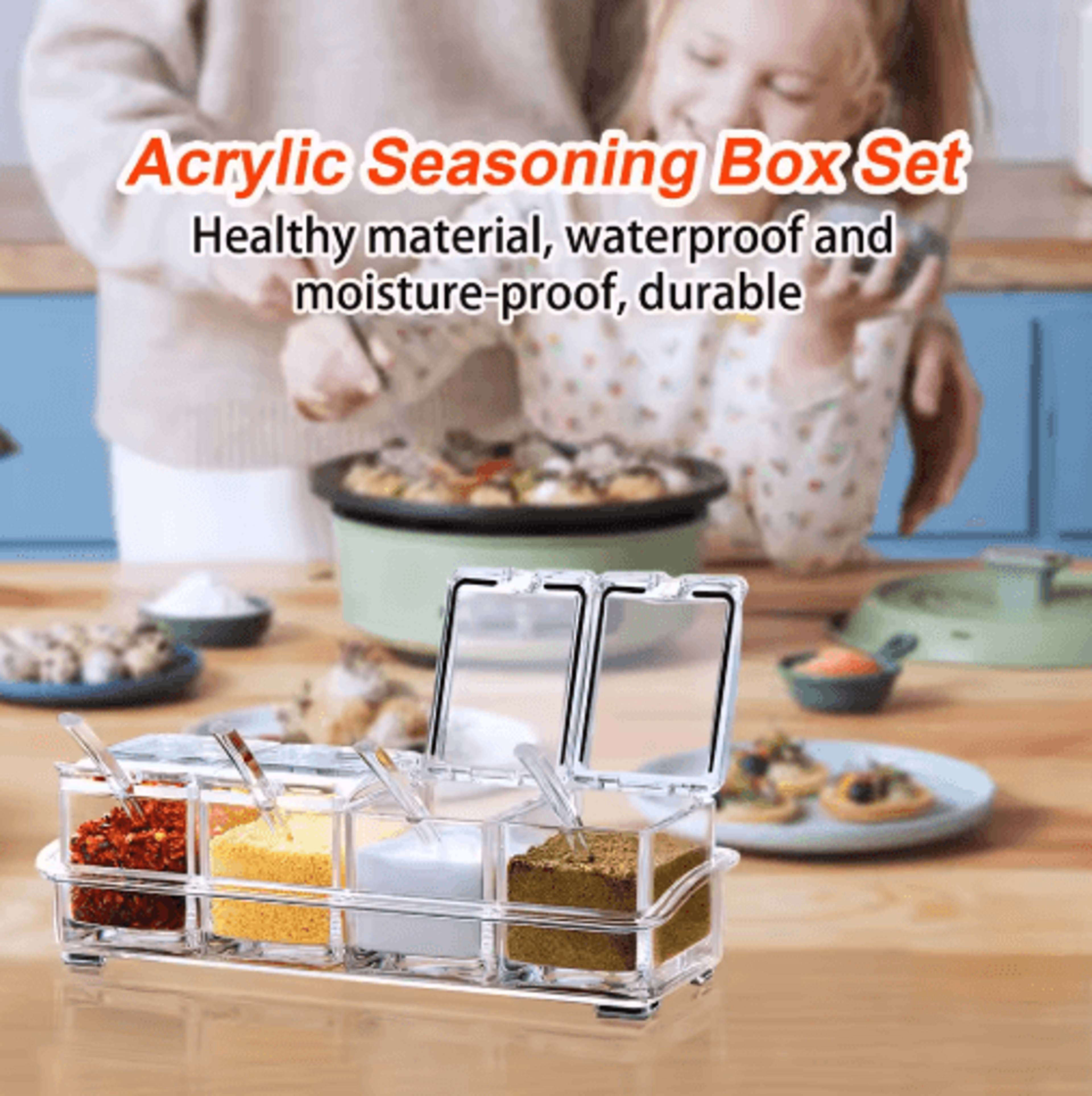 4-in-1 clear seasoning container set with spoons for kitchen storage