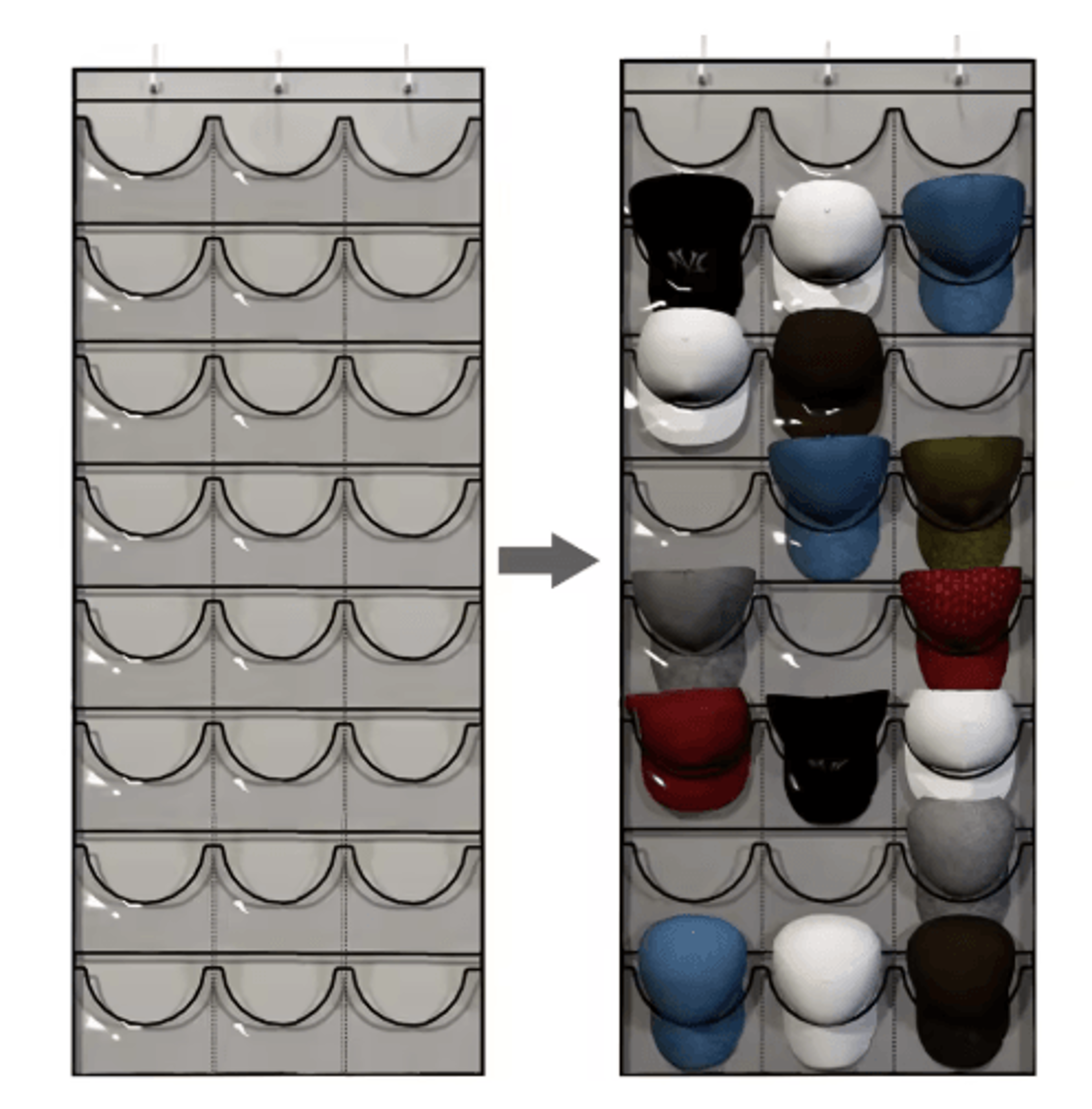 over-the-door hat organizer with 24 clear pockets for baseball caps
