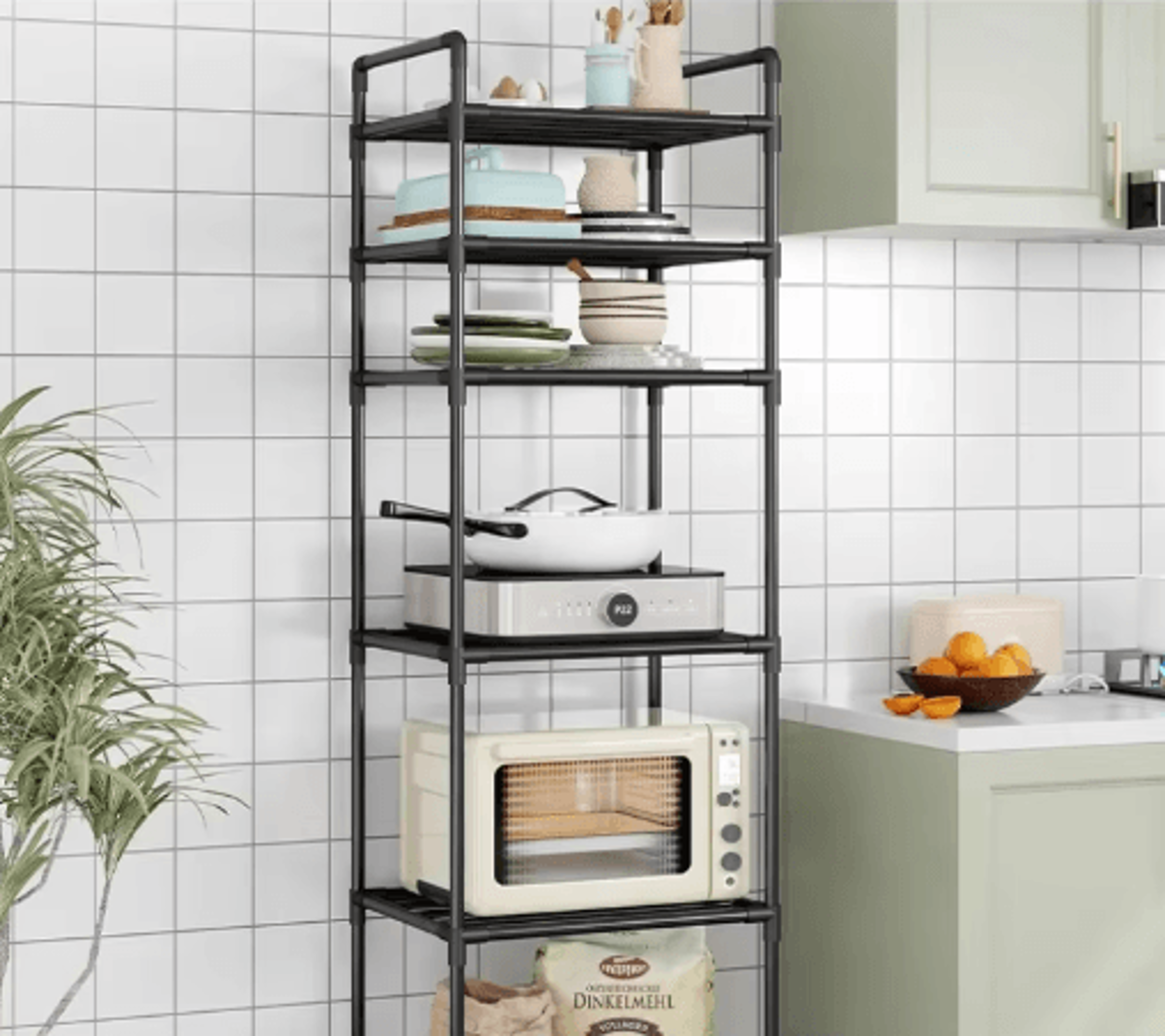 multi-layer floor-to-ceiling microwave oven storage rack with kitchen cart shelves