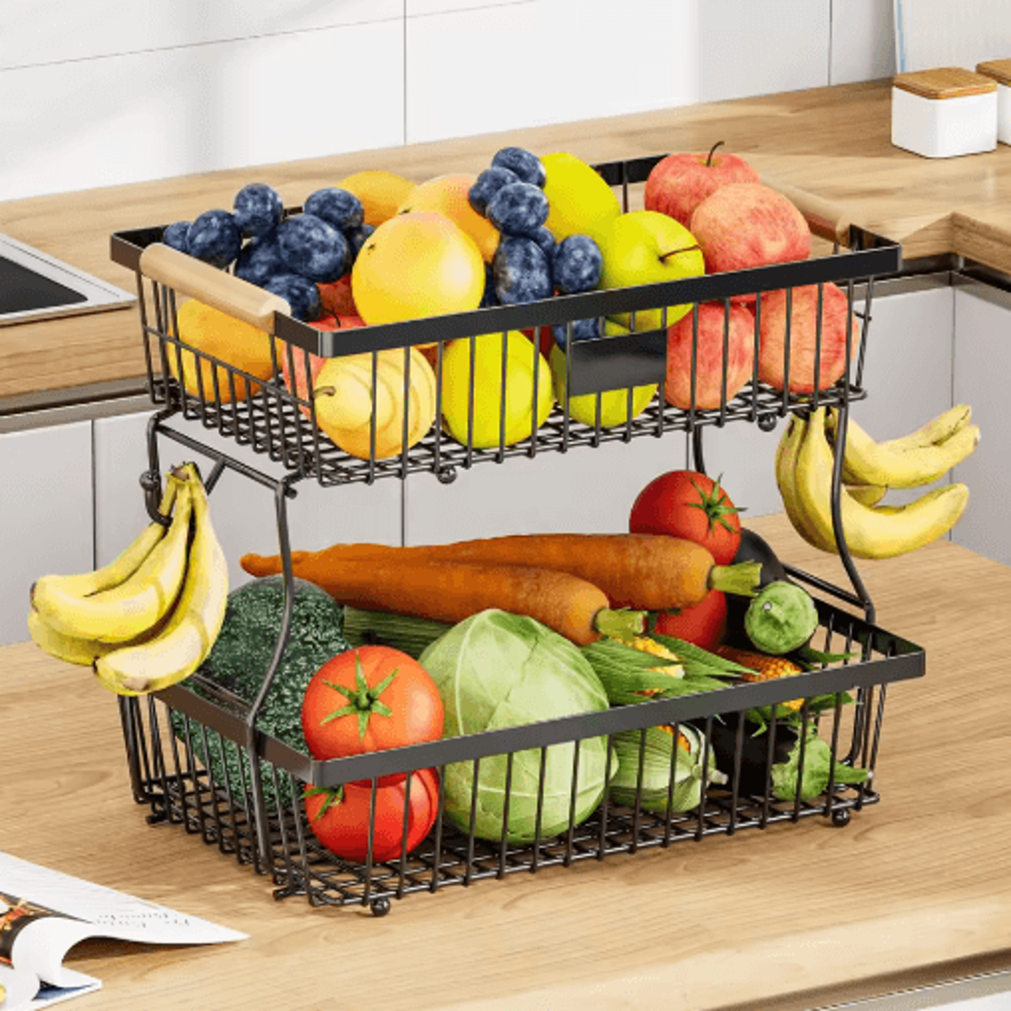 double-layer wooden fruit & vegetable storage stand with removable trays