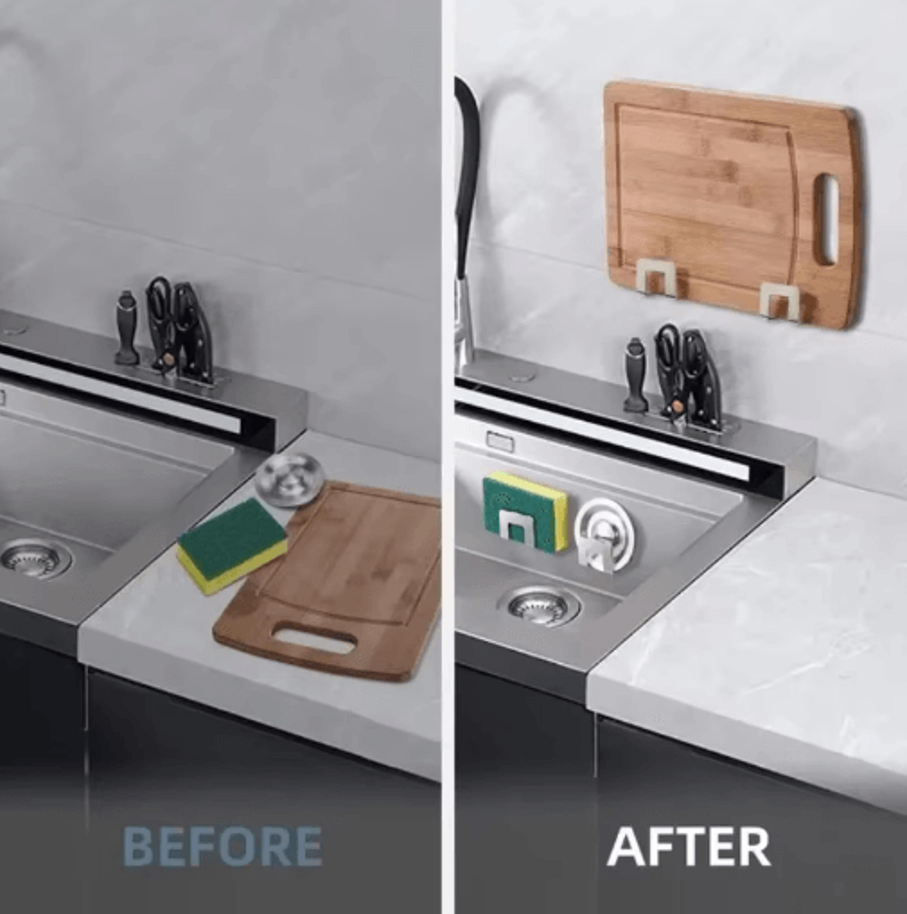 stainless steel sink sponge holder & drain tray organizer with self-adhesive hook