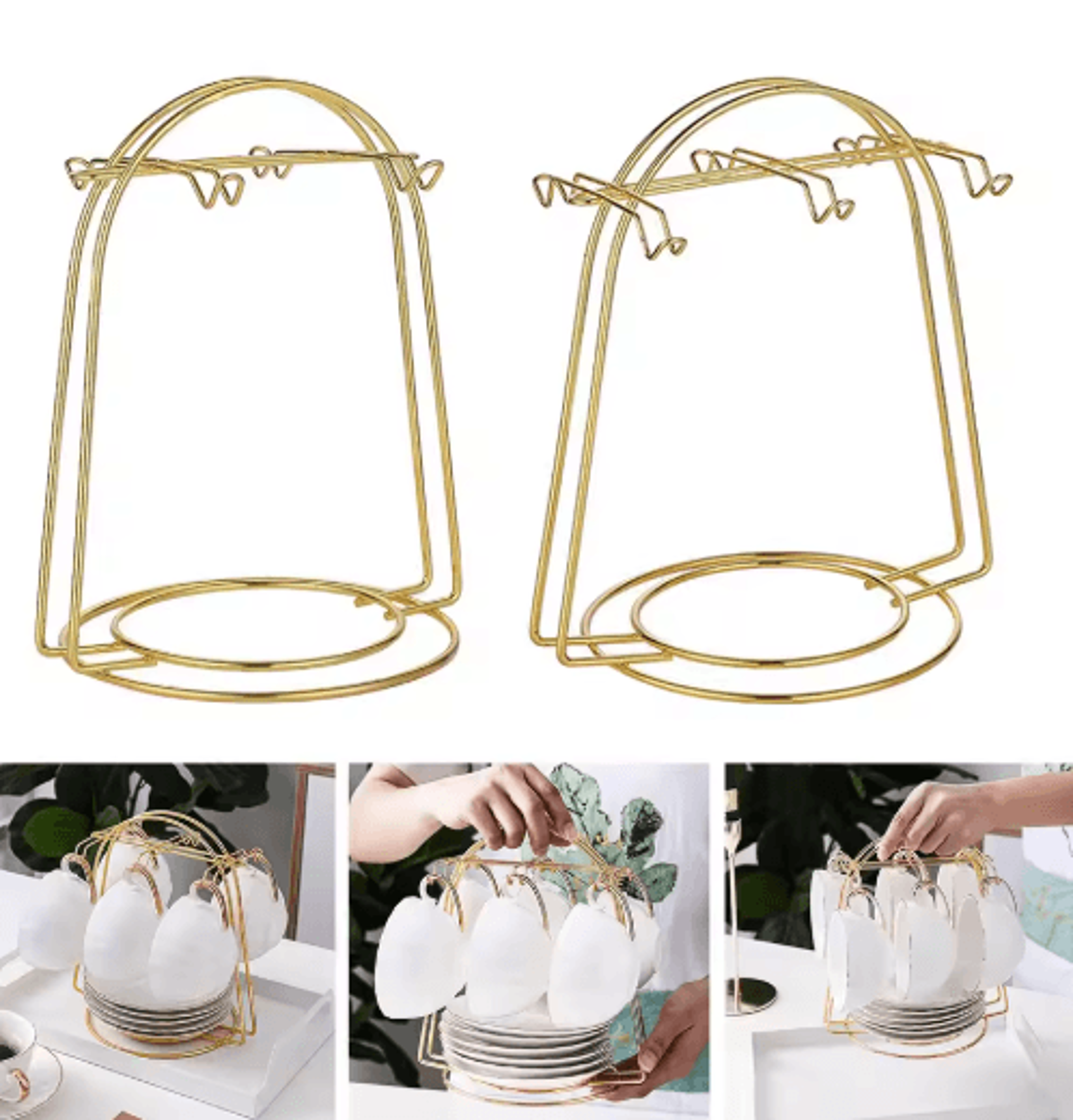 golden stainless steel tea cup & saucer display rack with mug drainer stand