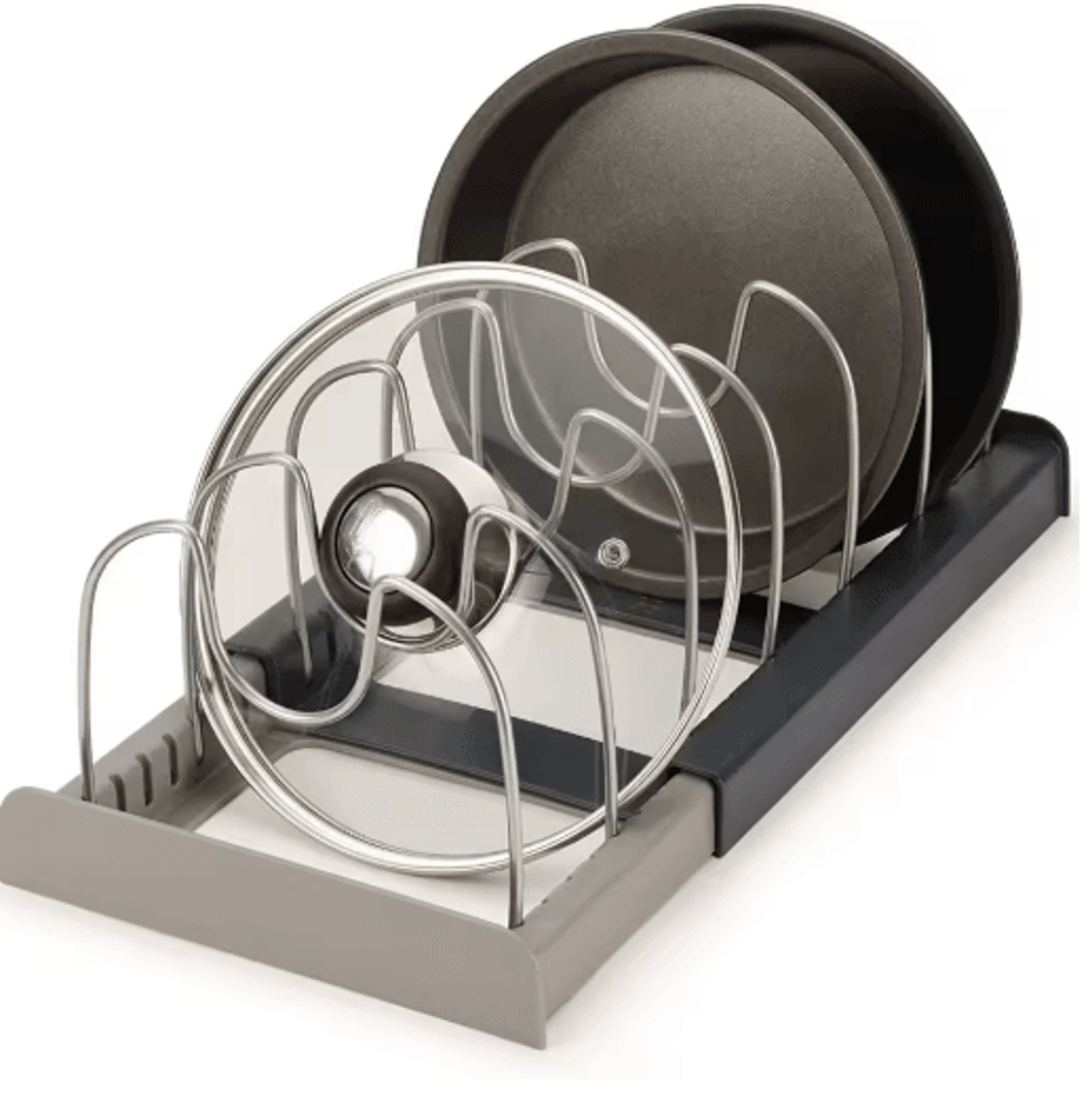 adjustable 7-grid pot & pan organizer rack for kitchen cabinet storage