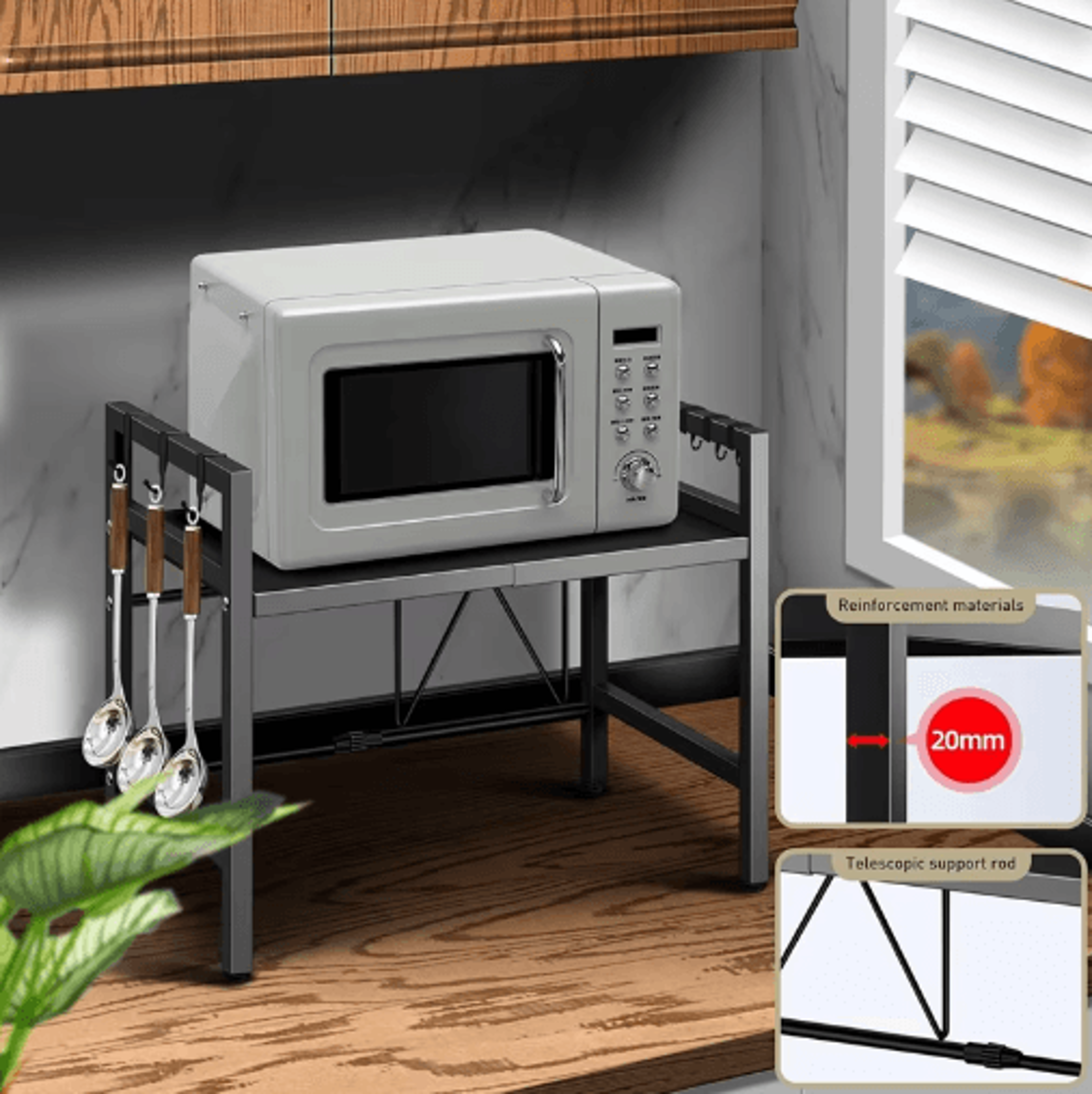 adjustable microwave storage rack with hooks heavy duty kitchen organizer shelf