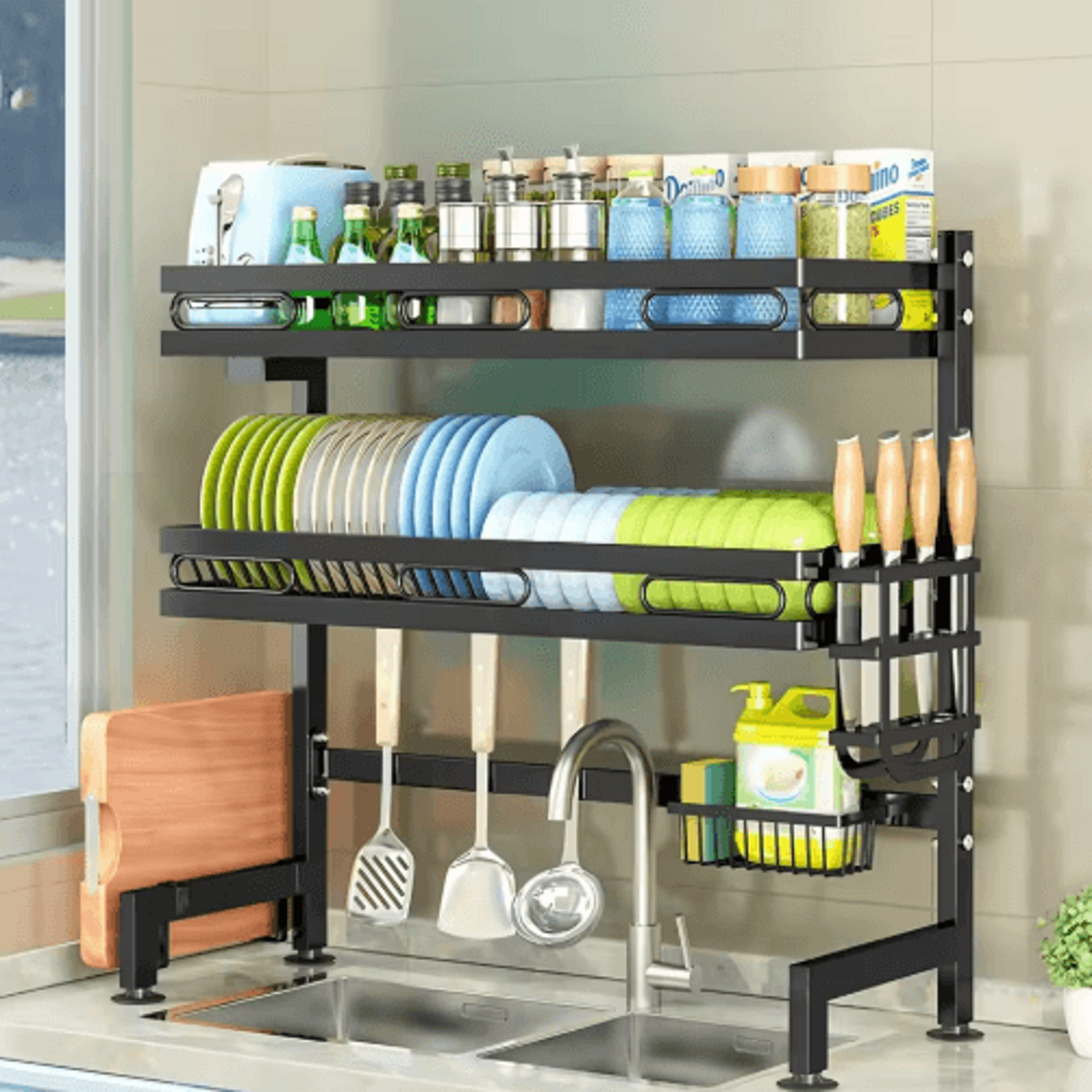 over-the-sink dish drying rack with utensil & kitchen storage organizer