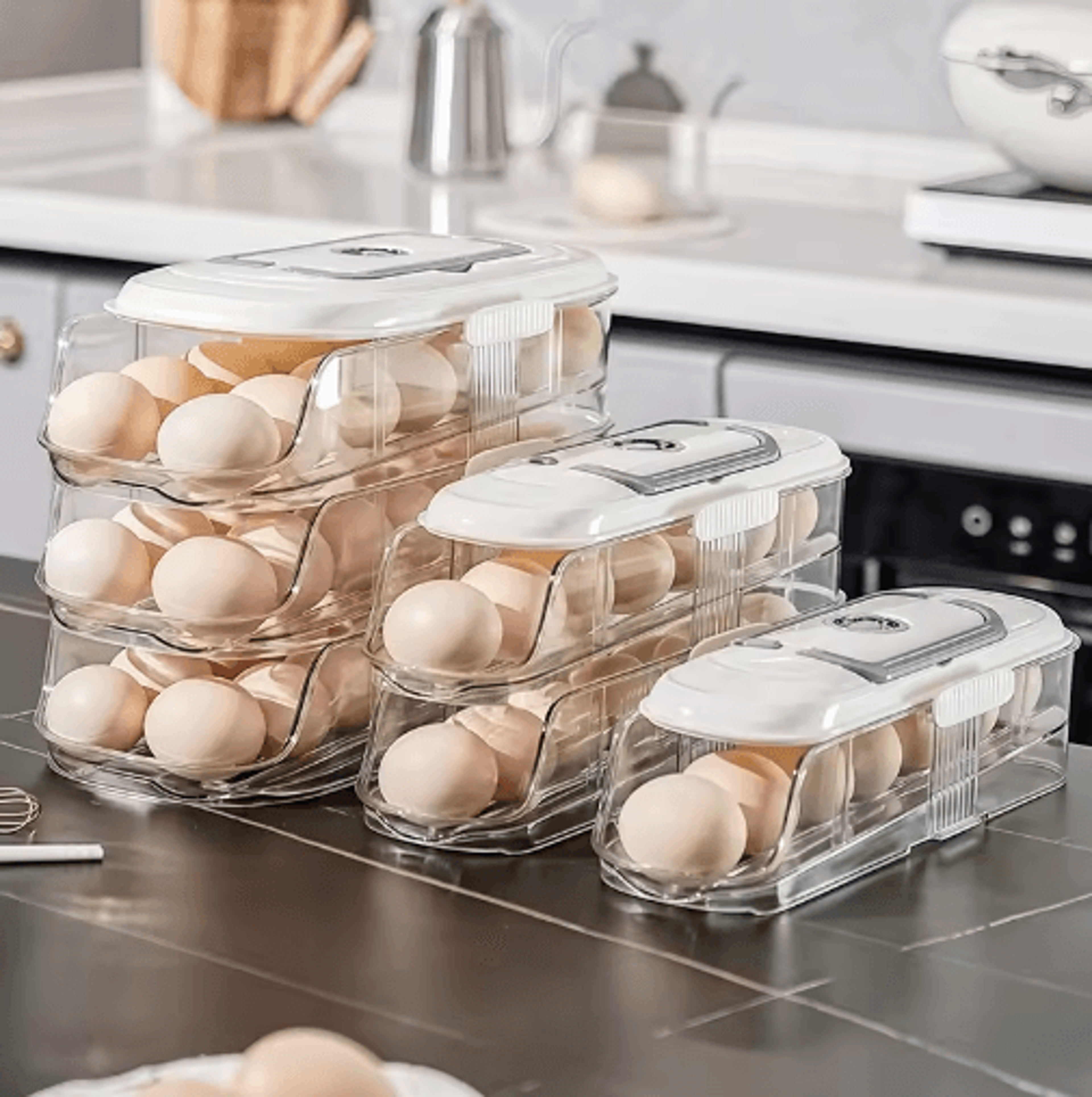 automatic rolling egg storage rack for refrigerator door organization
