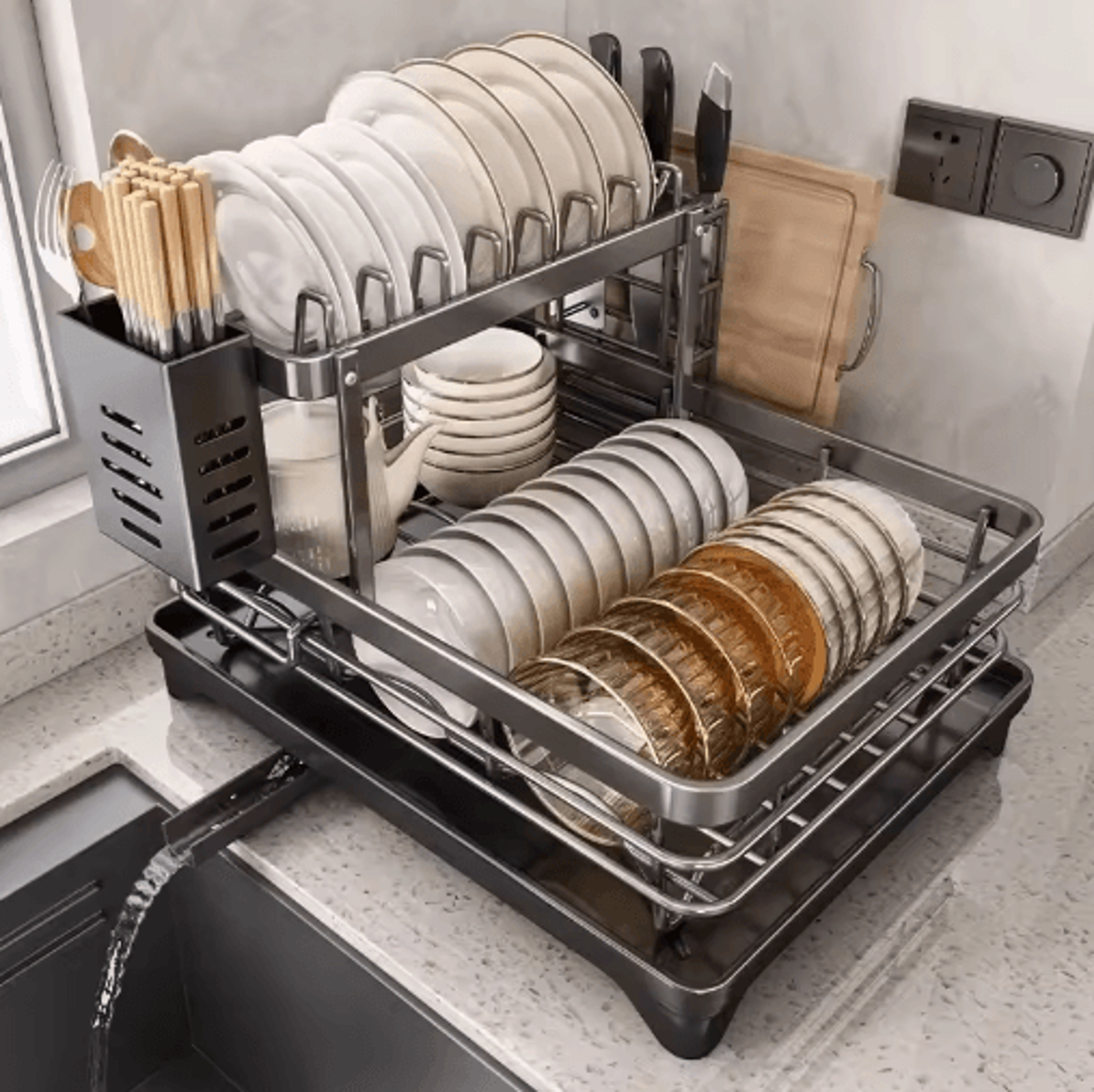 stainless steel dish drying rack with drainboard for kitchen organization