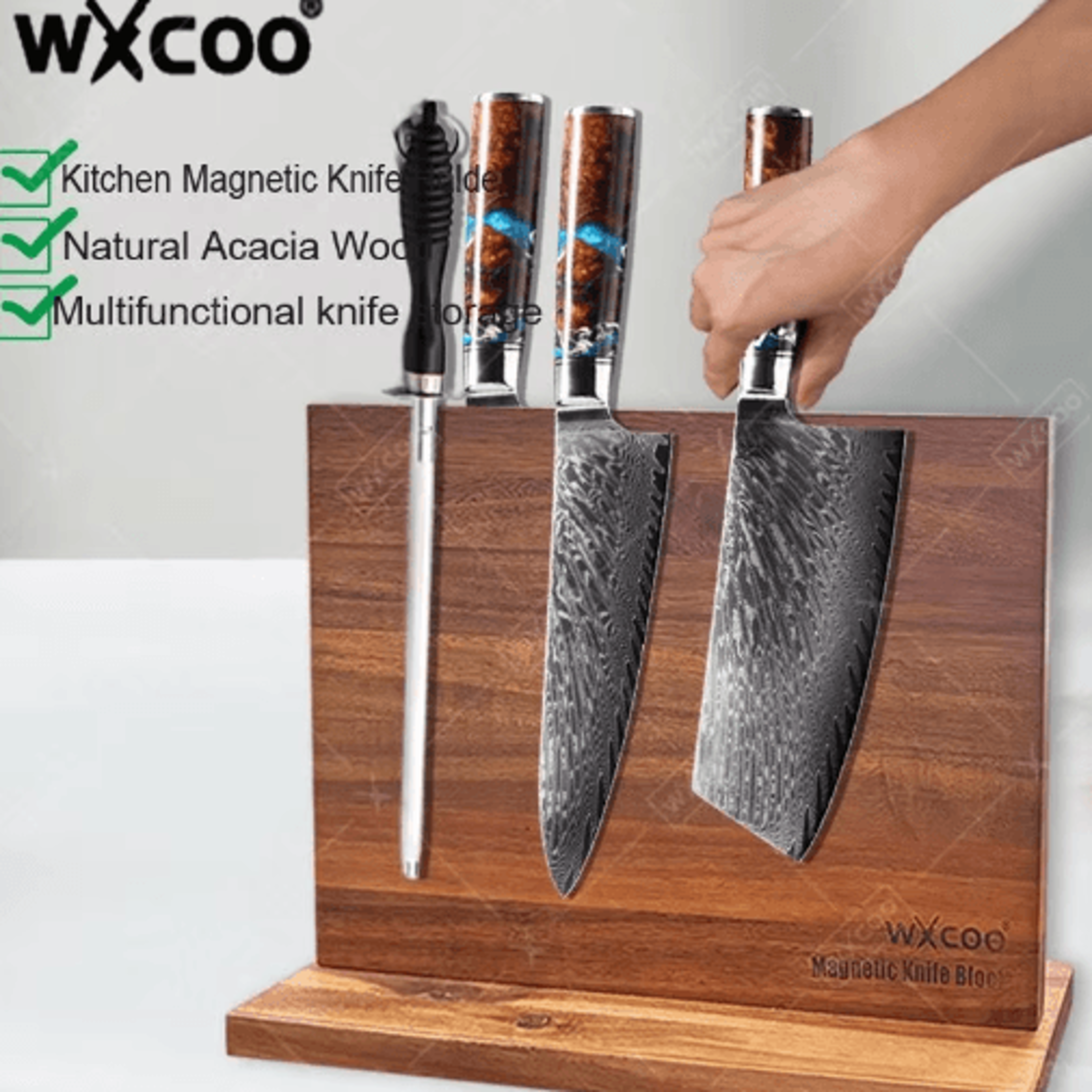 acacia wood magnetic knife holder with strong magnetic storage stand