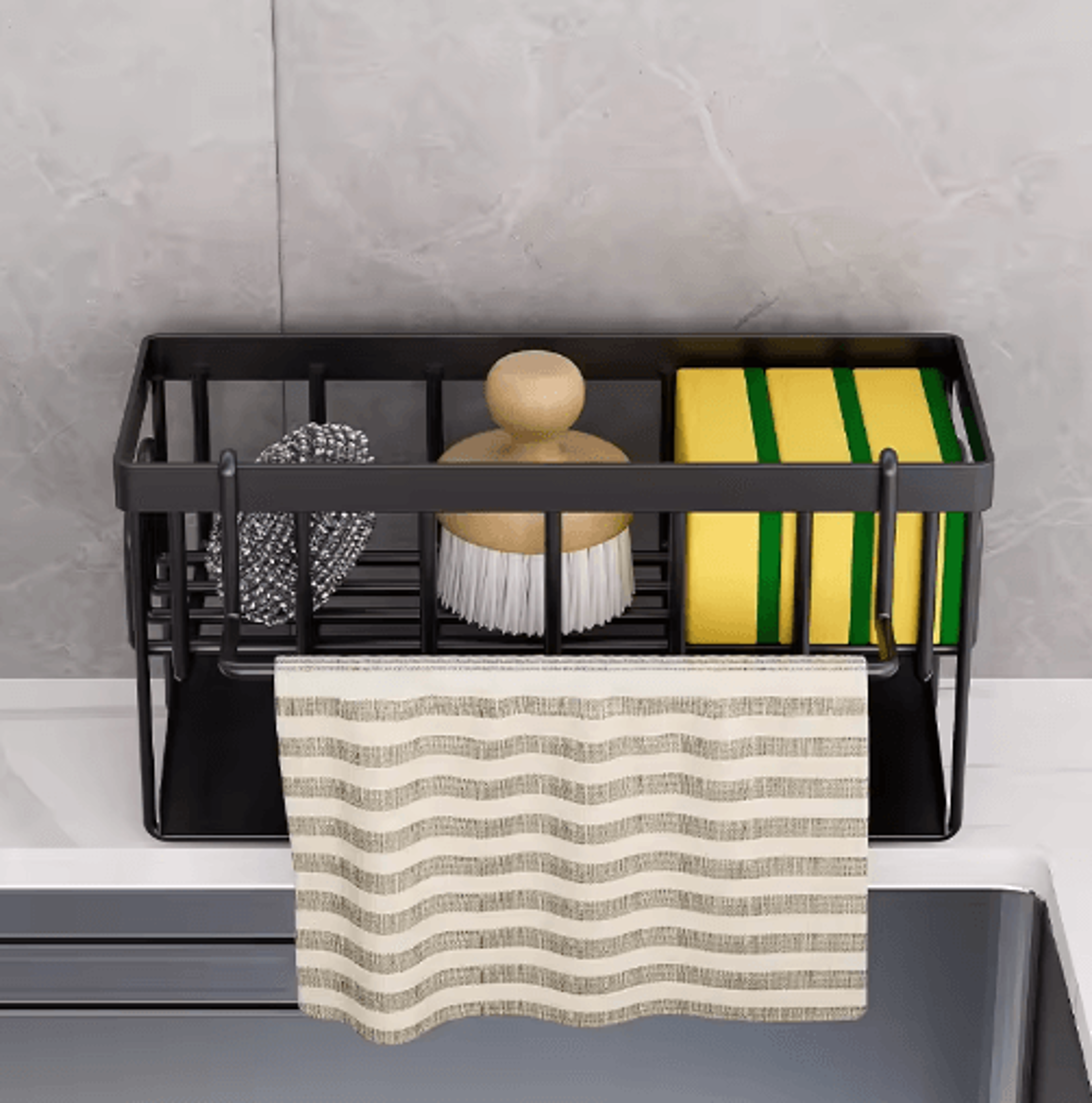 self-draining kitchen sink organizer with soap, sponge & towel holder