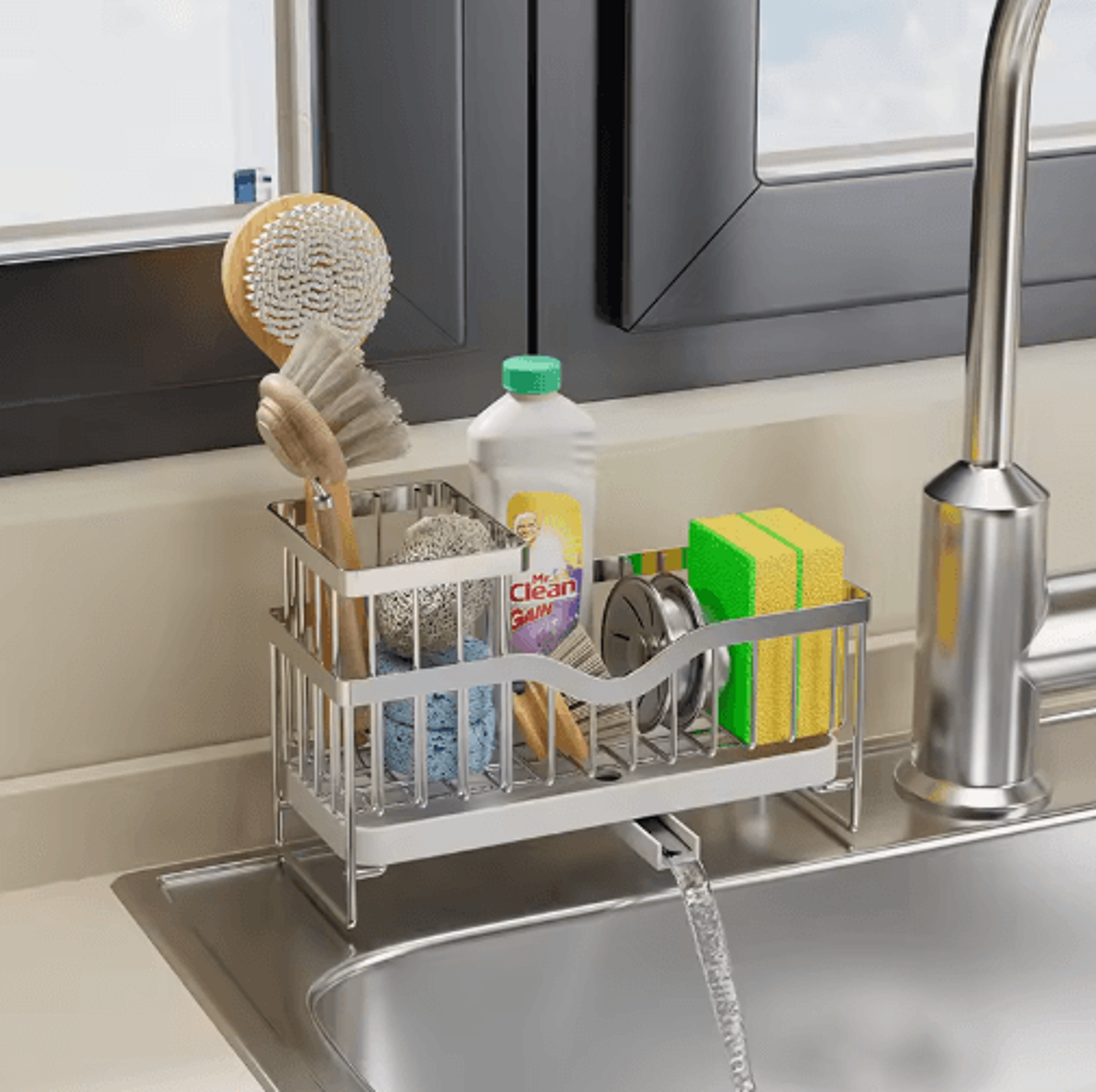 stainless steel faucet sink organizer with sponge holder, soap drainer & towel rack