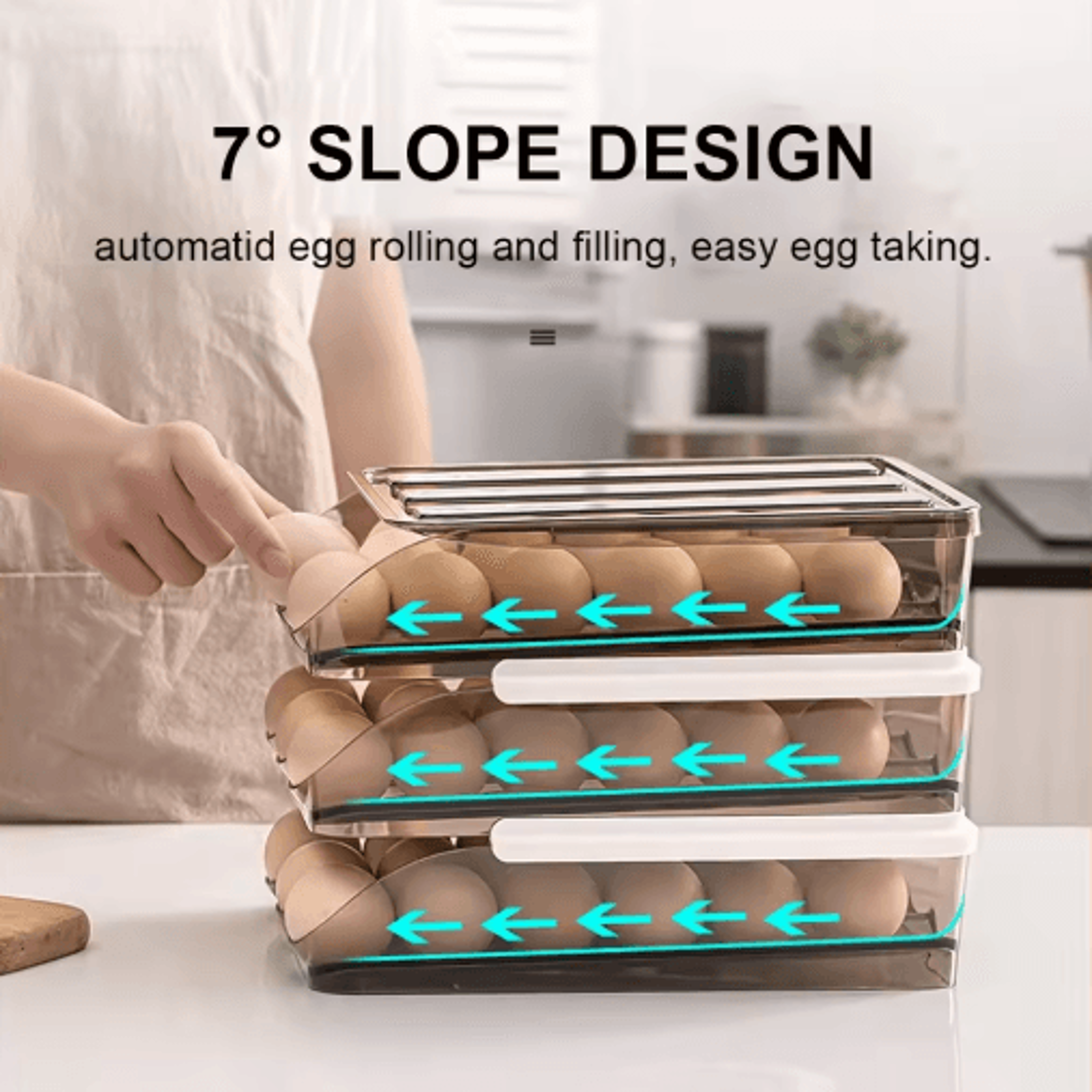automatic rolling egg storage container with transparent drawer design