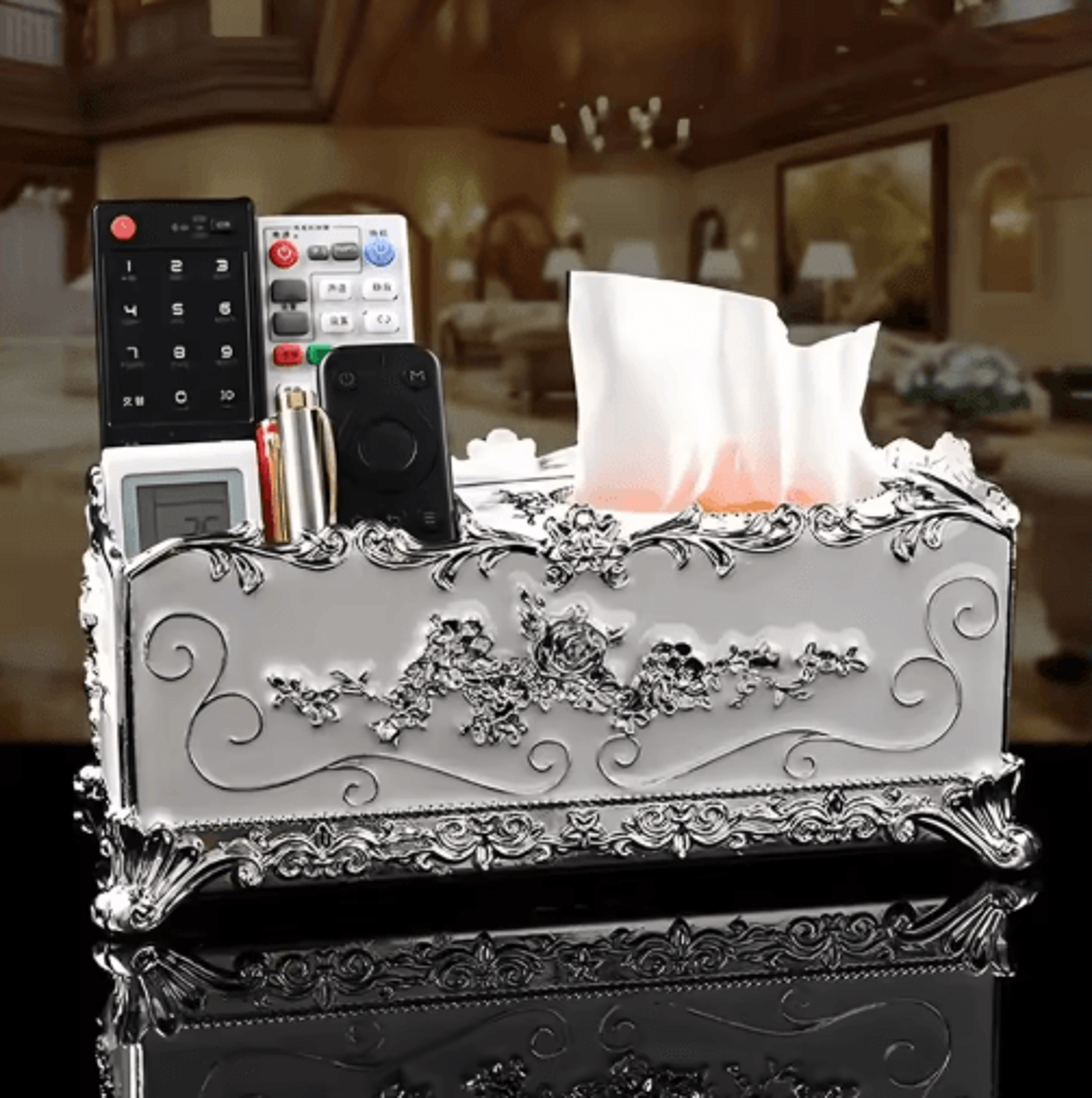 european-style tissue box with remote control & desktop storage organizer
