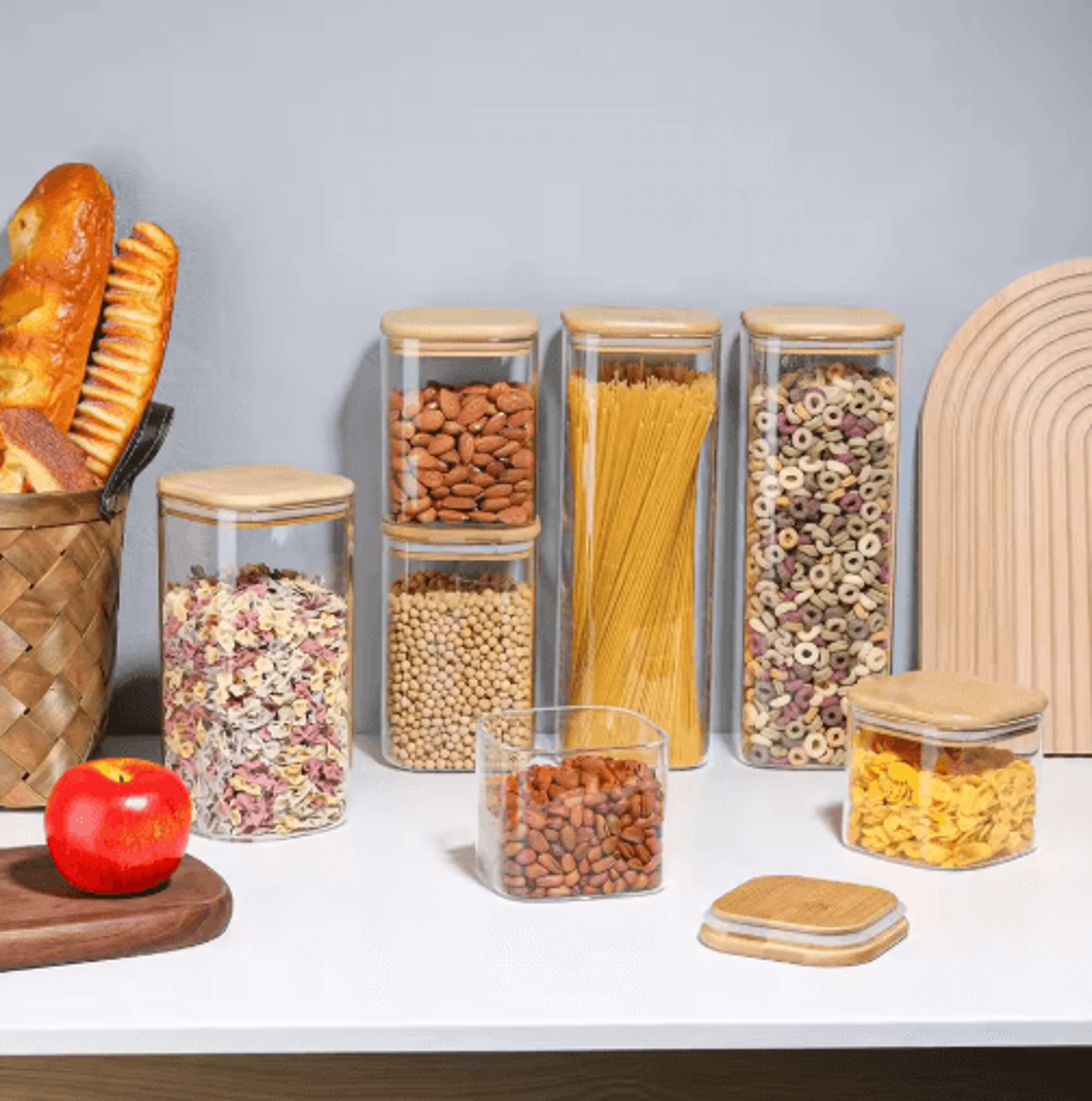 square glass storage jar set with bamboo lids for coffee, spices & pantry organization