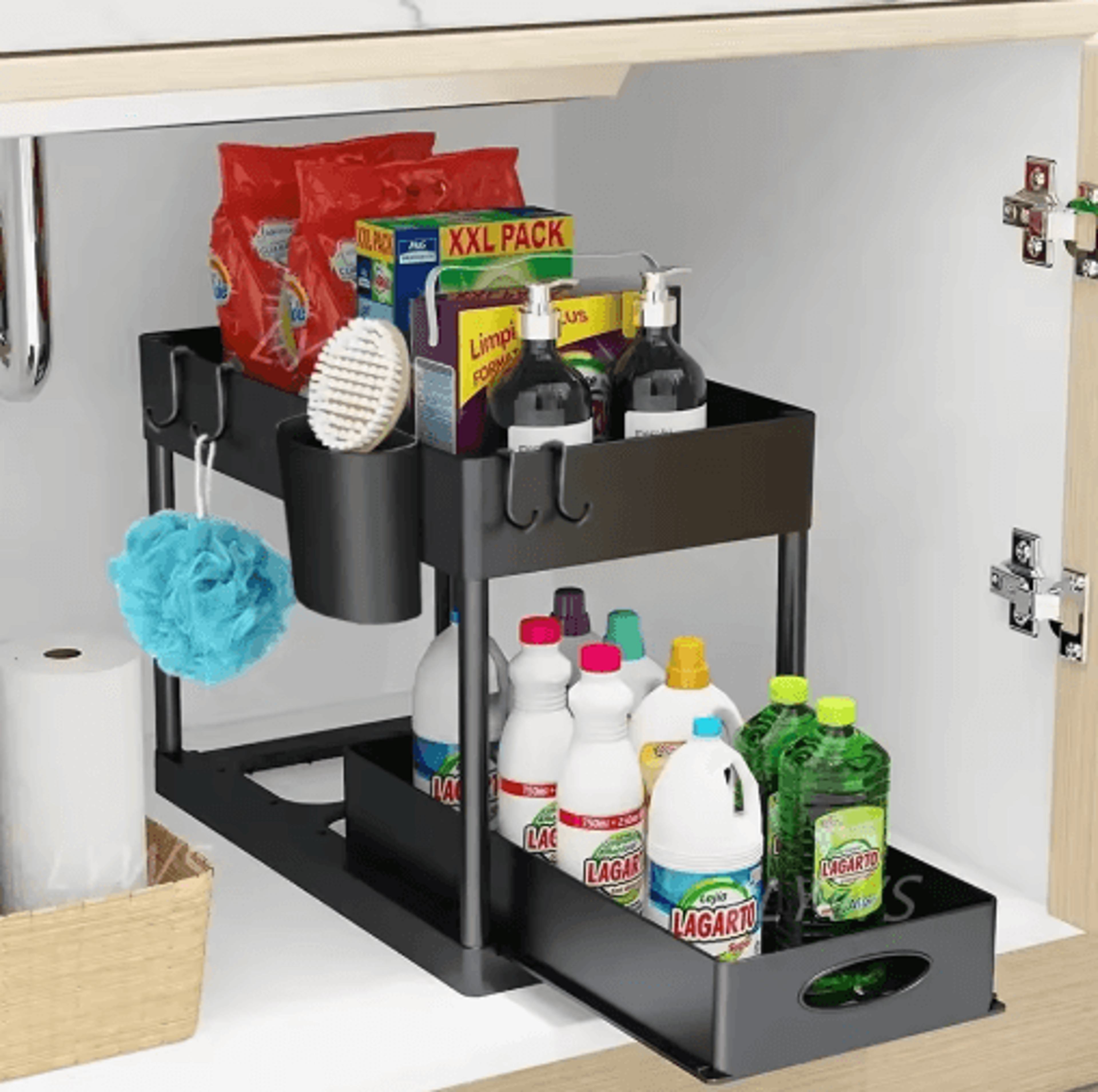 2-tier under sink organizer with sliding drawers & hanging hooks