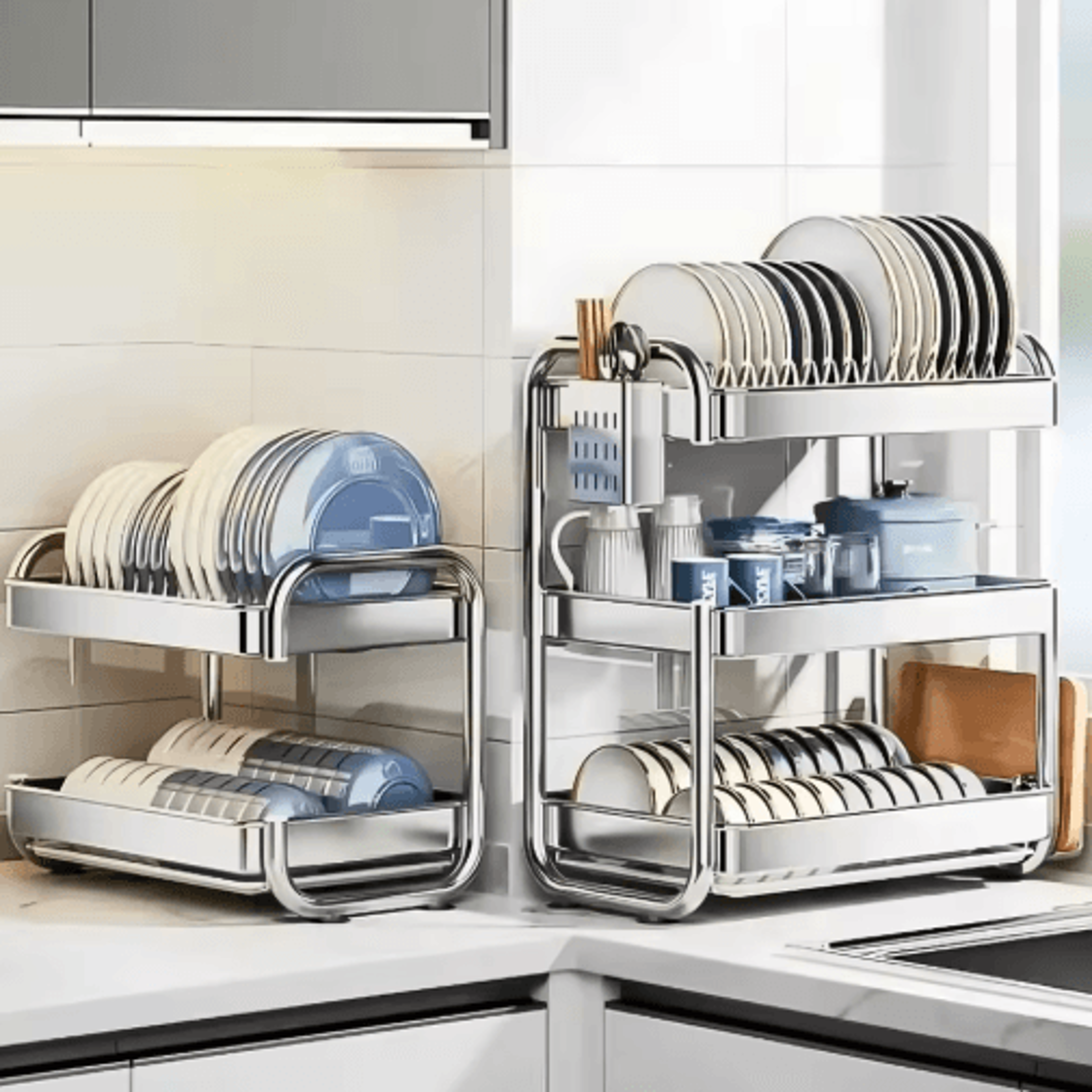 stainless steel multi-tier dish drying rack with large-capacity storage
