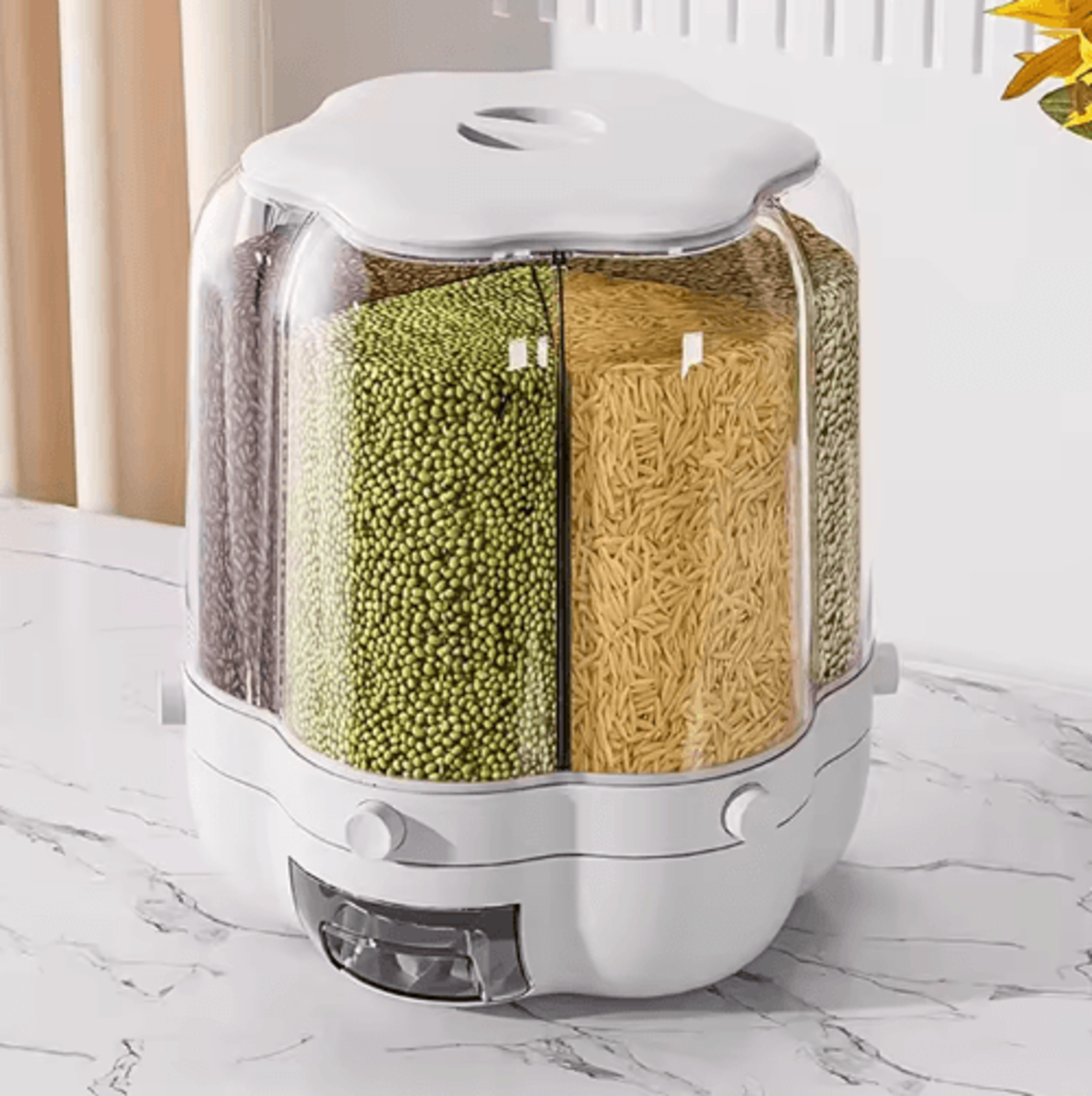 rotating rice & grain storage container with lid for kitchen organization