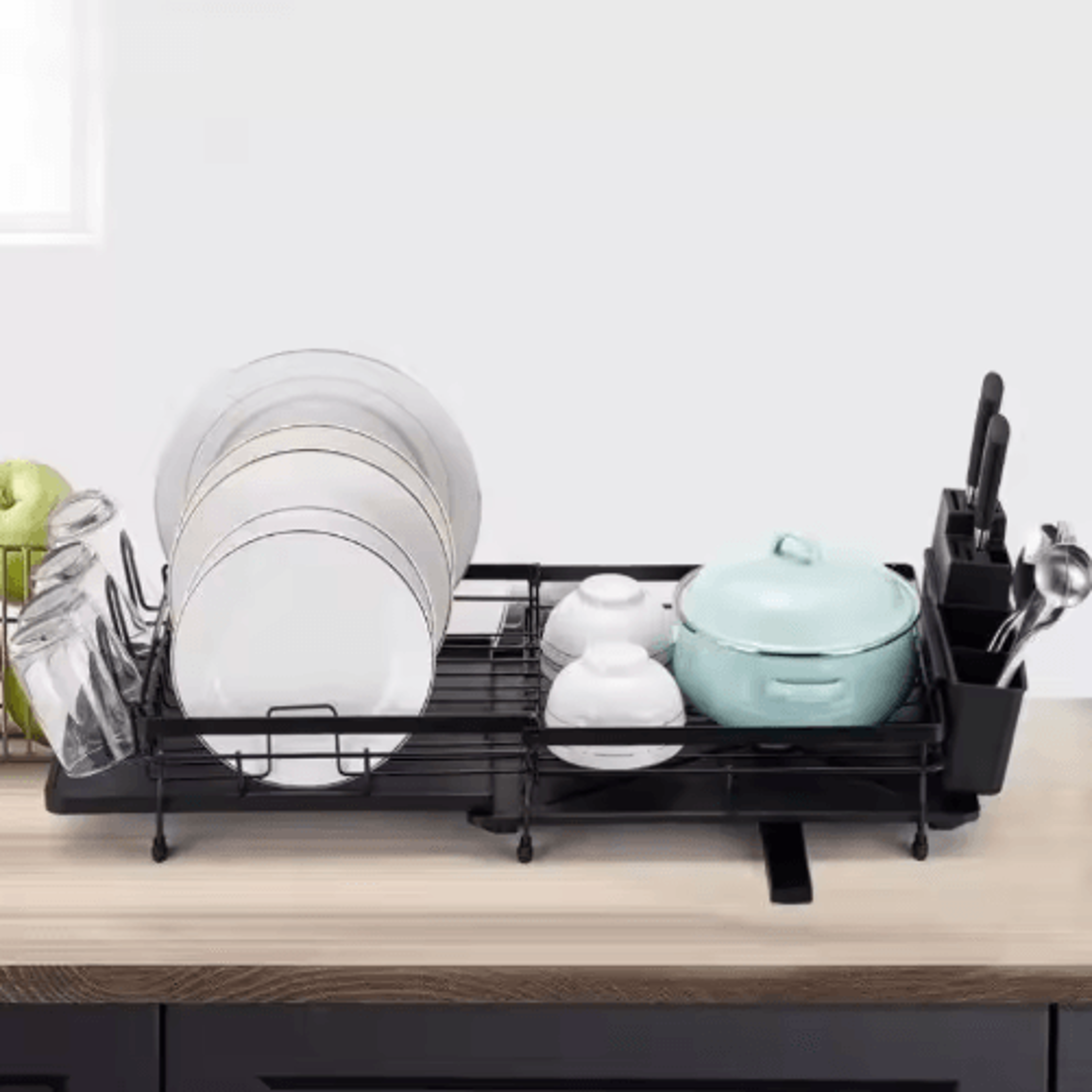 expandable dish drying rack with drainboard, swivel spout & utensil holder