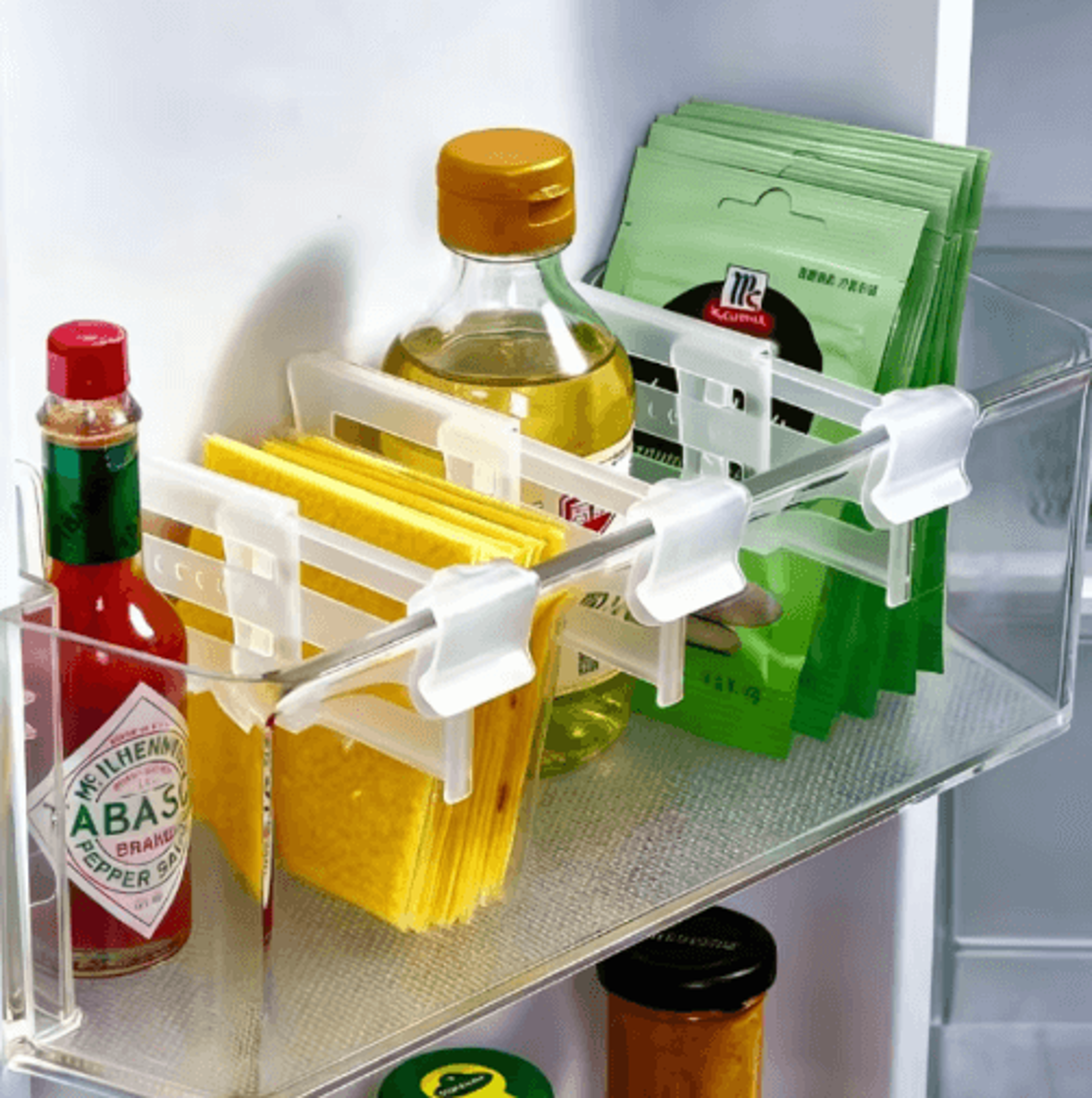 adjustable refrigerator shelf dividers set for drinks, sauces & fridge organization
