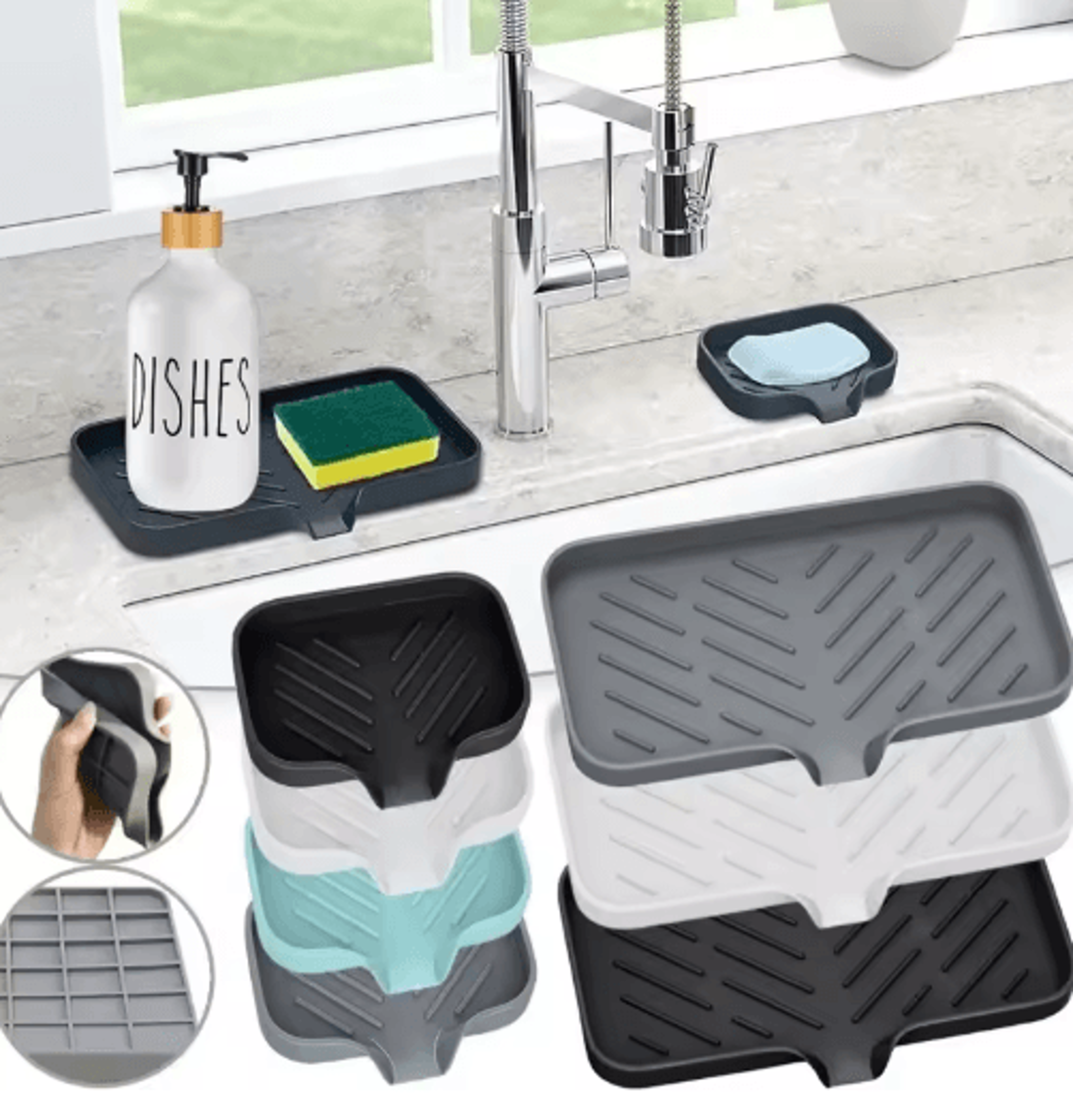 silicone self-draining soap & sponge holder for kitchen sink and bathroom