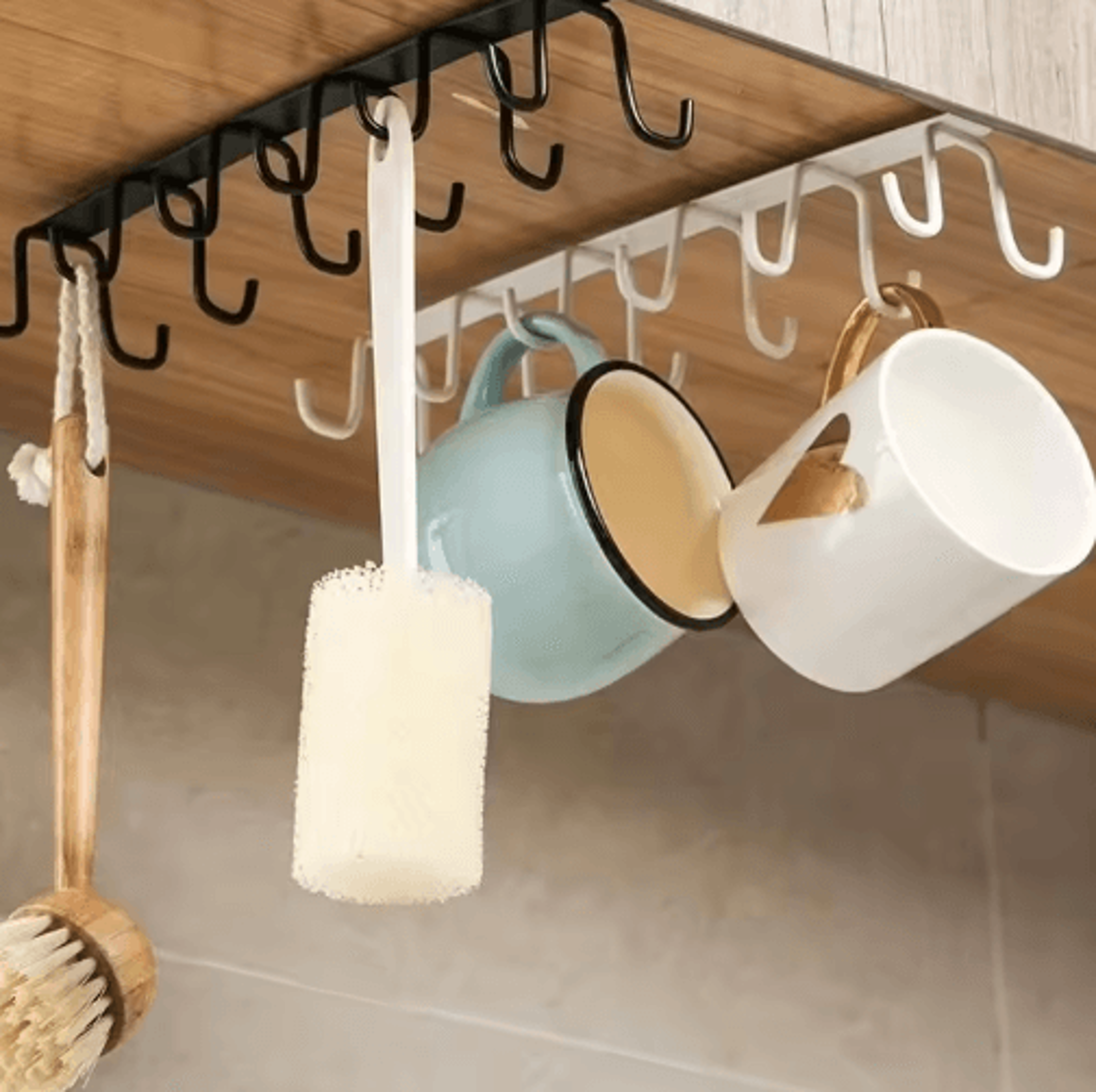 double-row hanging cup holder with punch-free wall hooks for kitchen & bathroom storage