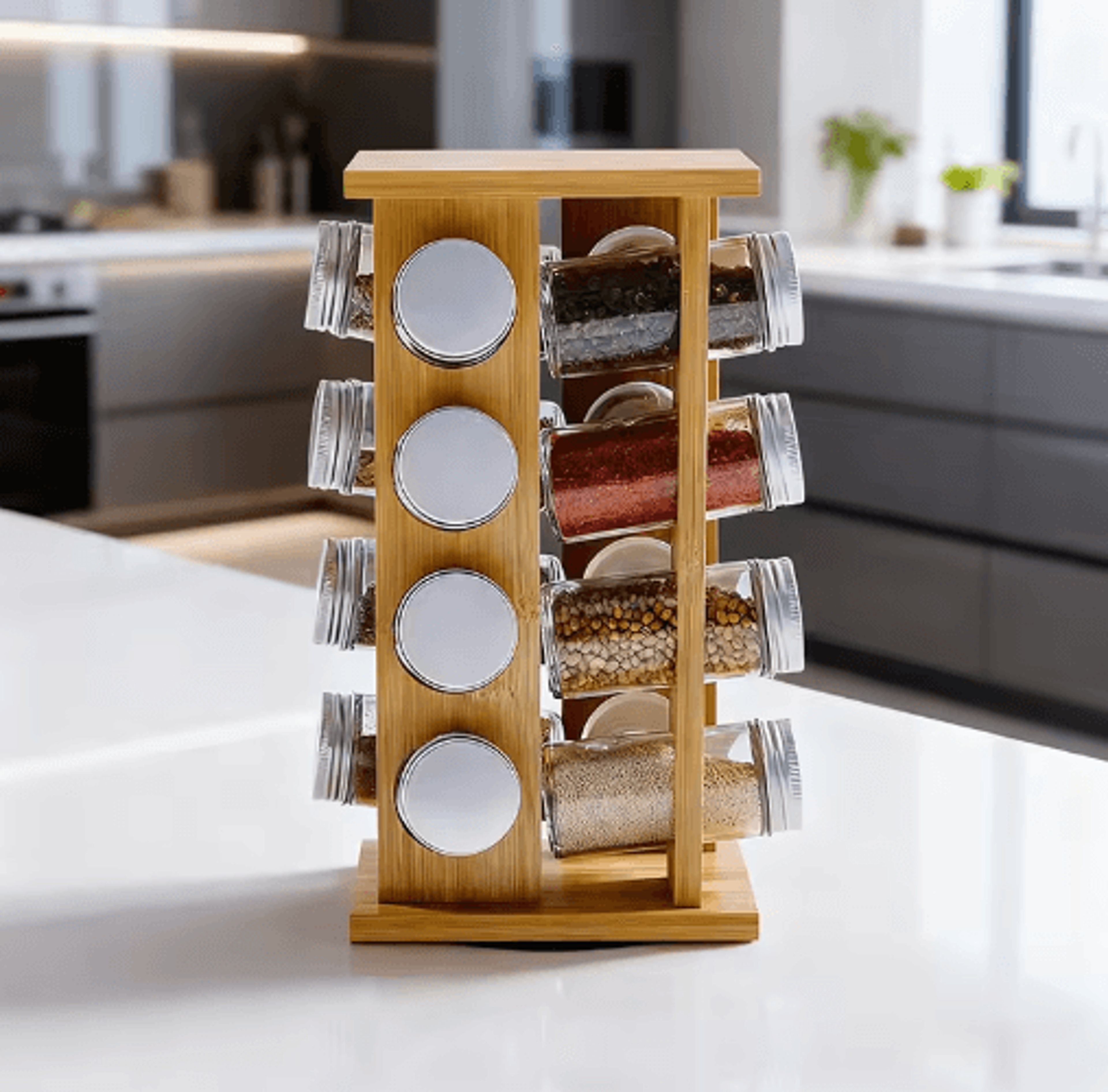rotating wooden spice rack organizer with multi-layer seasoning storage